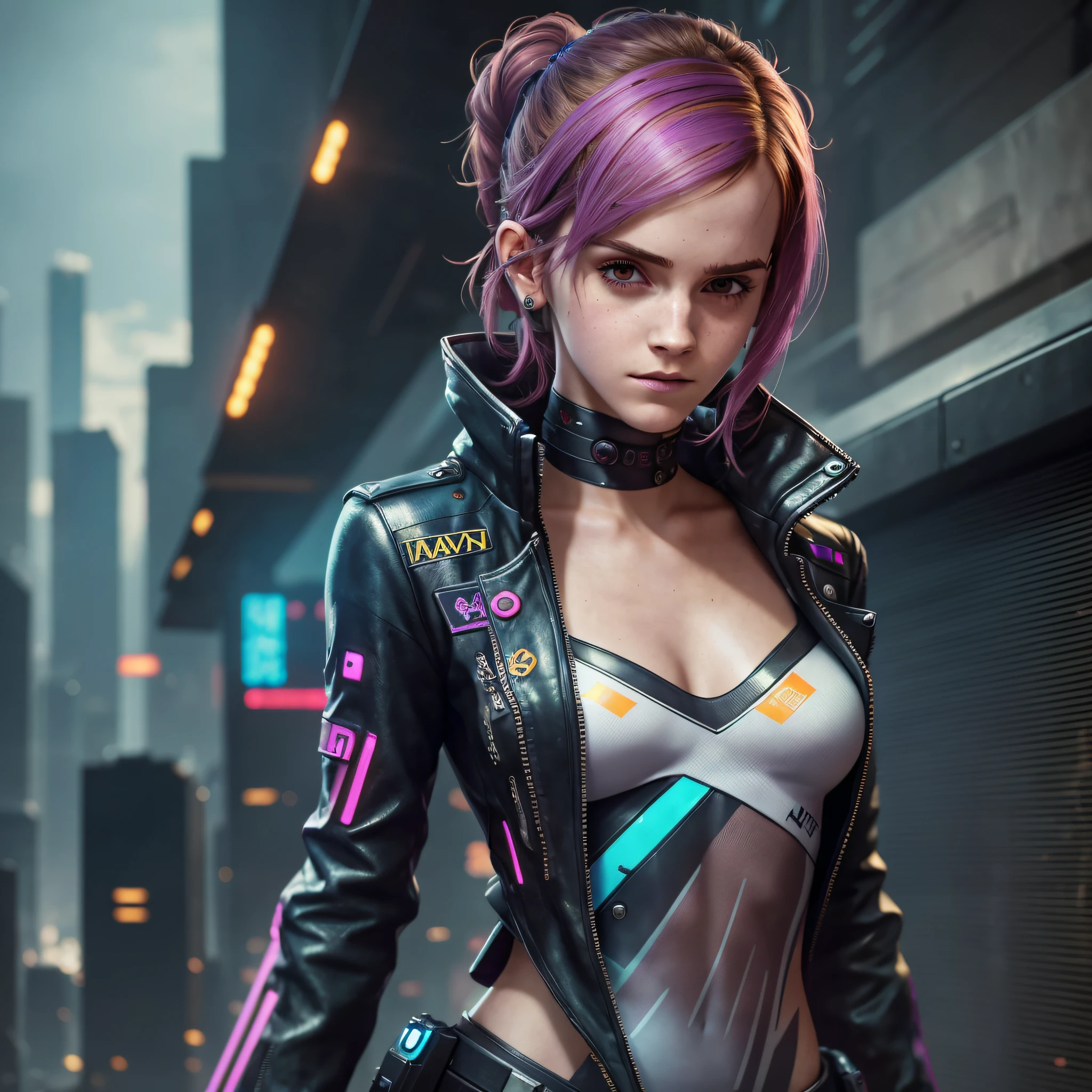 (best quality, masterpiece), cyberpunk style 2077, close-up of the whole body, Emma Watson, confident posture, expression of defiance. --s2