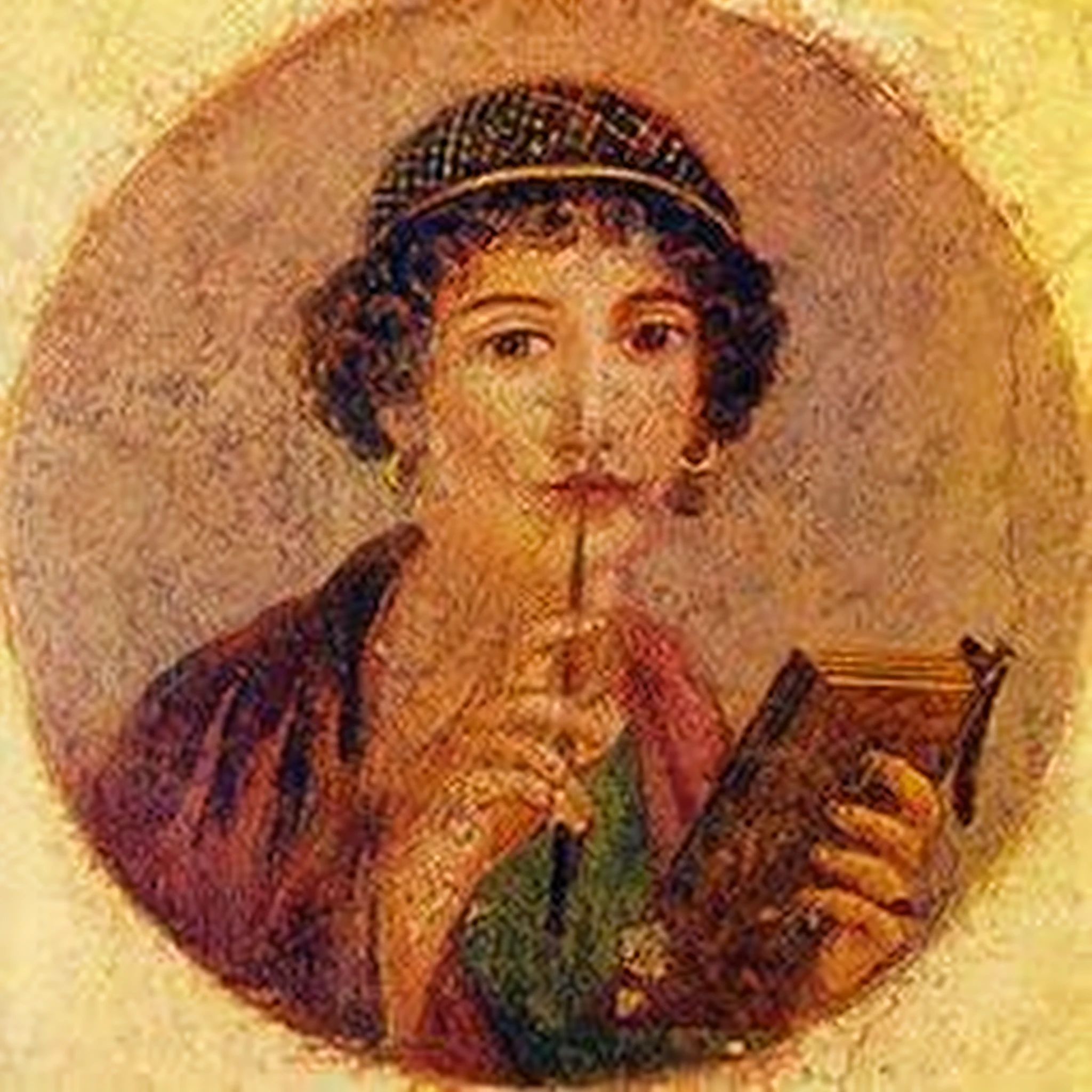 Woman in hat, book in hand, toothpick in hand over her lips, golden earrings and short curly hair. --auto --s2