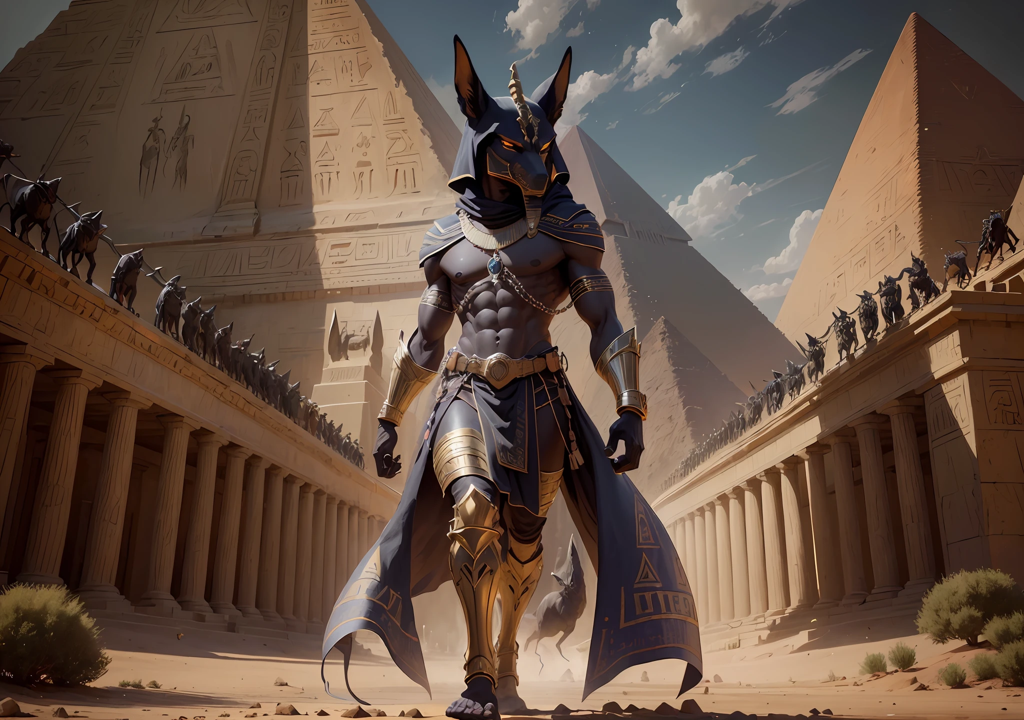 (man), (dark), (fire), (ultrarealistic), (cinematic), (oil painting), (8k), (super detailed), (full body), (detailed hands), (detailed feet), (man) , (fierce), jackal head, 1 pyramid, black warrior, muscular, egyptian god, shadows, --air 3:2 --no drawin, --no deformation members --auto --s2