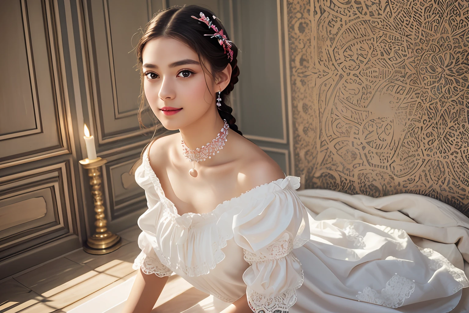 Shot at medium distance, in the bathroom, maid outfit, dynamic angle, half kneeling and half stroking pose, enchanting, (((beautiful detailed face))), (full body photo: 1.3), looking at you, hair on the shoulders, low braids, shiny hair, (highly detailed), clearer, delicate makeup, blush, red lips, shiny lips, long eyelashes, bright big eyes, eye shadow, lying silkworm, movie lighting, delicate hair accessories, delicate necklaces, cute girls, master works, high detail, colorful picture, light and shadow details, Extremely delicate beautiful girl, supple and fair skin, delicate facial features, perfect face, smiling expression, perfect body, stunning beauty, bright and shaky light, Tyndall effect, not exposed --auto --s2