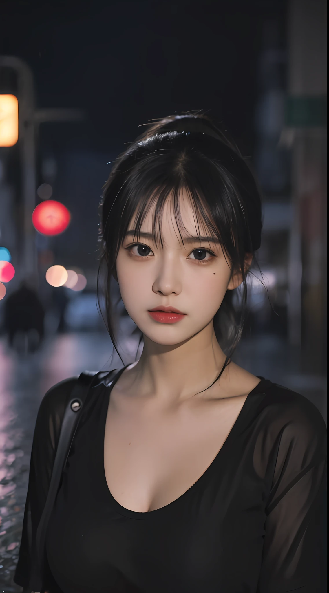 Best Quality, Masterpiece, Ultra High Resolution, (Realistic:1.4), Original Photo, 1girl, In the Dark, Deep Shadow, Low Key, Cold Light, Close Up, On a Japanese Street, Night, Rainy Night, Japanese Street, Neon Illumination Background, Black Shirt,large breast