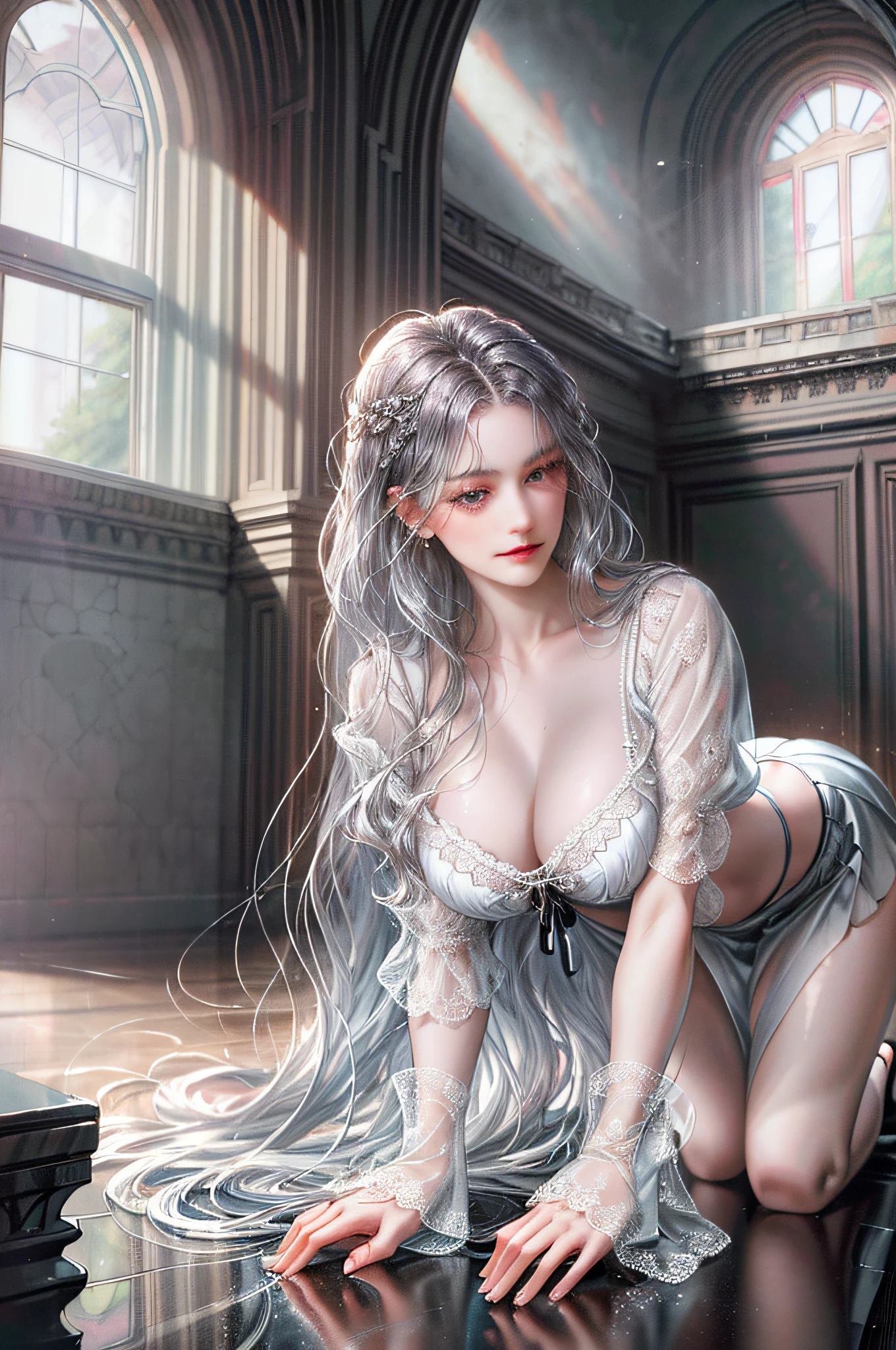 1girl, the boss of the company, long black wavy hair and gray eyes, tall, thin, ????, contempt and arrogant and elegant, with windows showing various buildings in the city (absurdity, high resolution, super detail), Gefax employee, one with long hair, one short one behind the woman there is a window showing various buildings in the city (absurdity, high resolution, super detail), Silver hair long hair, the other is short woman, white sheer blouse, no miniskirt, (((????????? bite)), ???? pose, lower body slender, (((back figure)), gaze is window side, ???????? stick out, ((????????????)), ???????? facing forward, provocative,