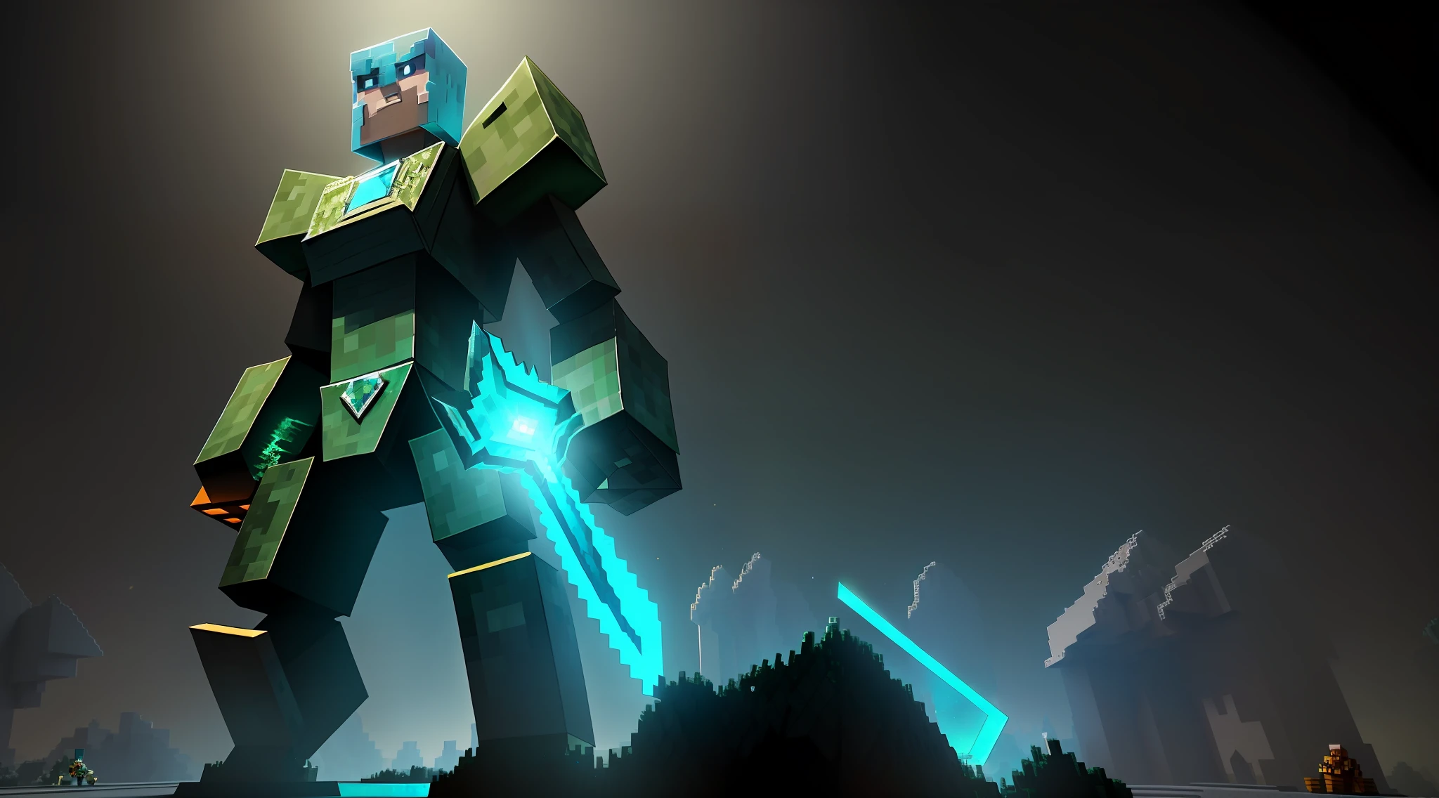 The best minecraft player, with the most powerful diamond armor, the legendary diamond sword, a complete inventory of rare items, in an impressive environment of high-quality CGI and 3D animation.