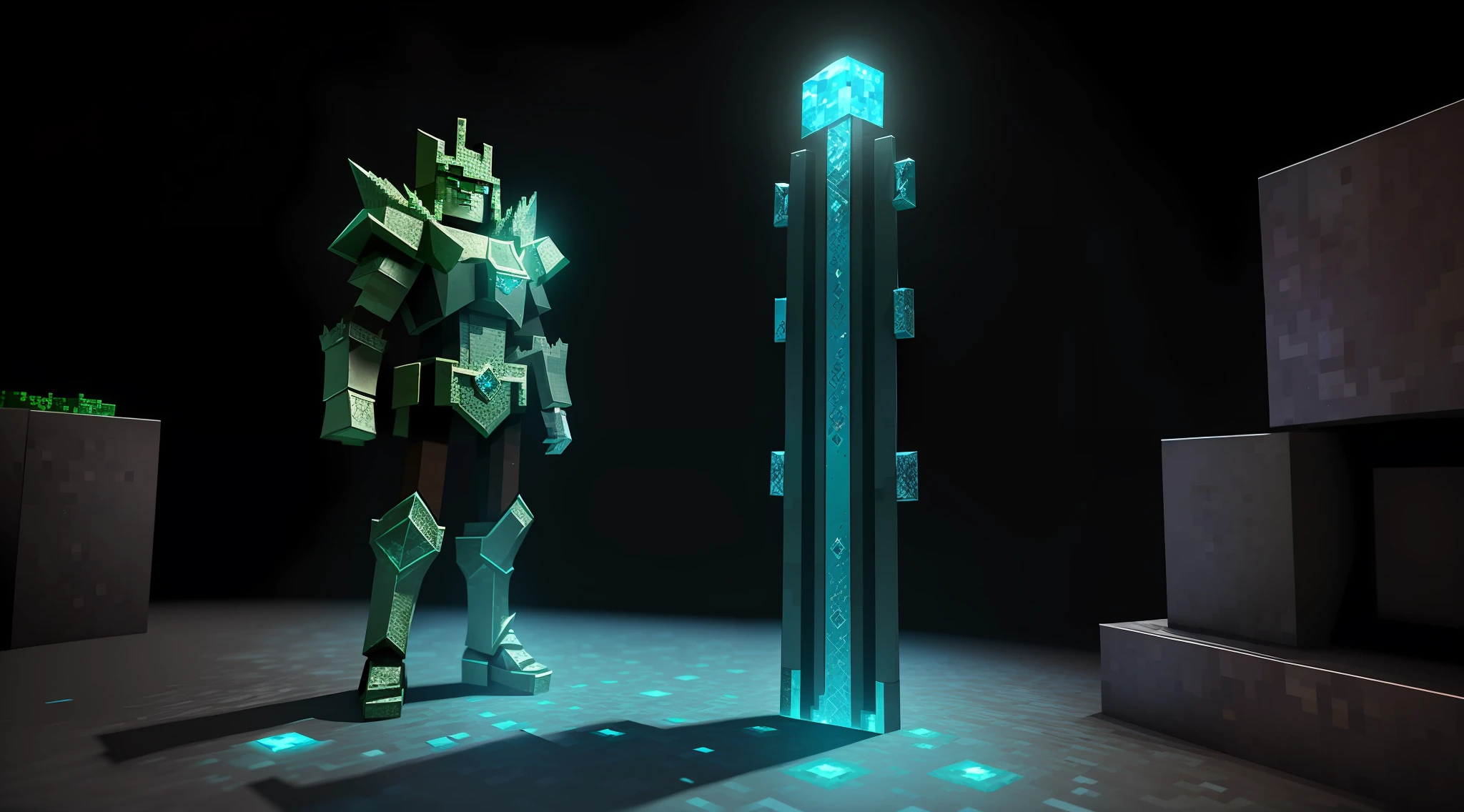 The best minecraft player, with the most powerful diamond armor, the legendary diamond sword, a complete inventory of rare items, in an impressive environment of high-quality CGI and 3D animation.