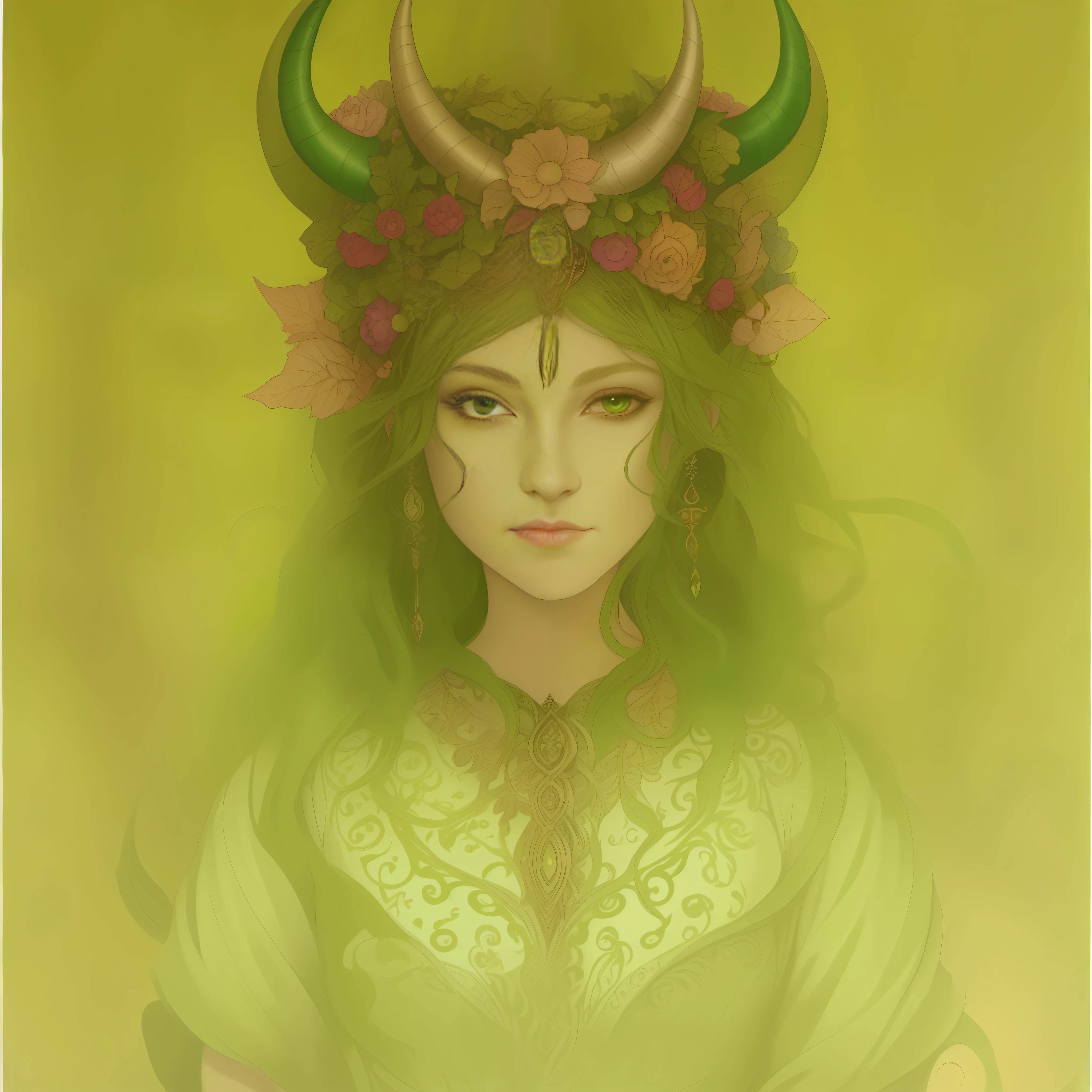 painting of a woman with horns and a green dress, portrait of a dryad, dryad, earth goddess mythology, artgerm and brian froud, fae priestess, fey queen of the summer forest, anna dittman, art nouveau lilith, beautiful female gorgon, annie stegg gerard, goddess portrait, celtic fantasy art, by Amanda Sage