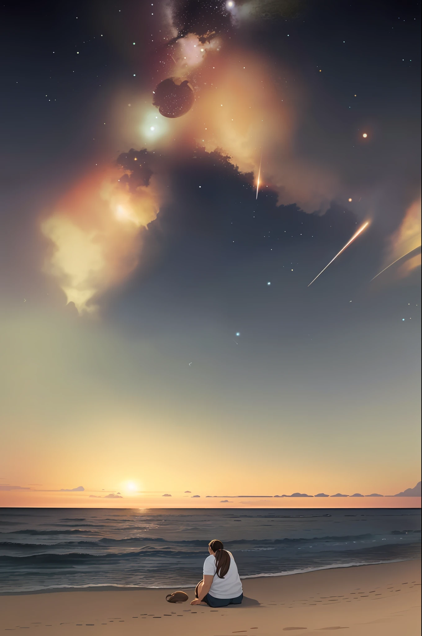 A fat young man with long brown hair pulled back in a ponytail, dressed in simple summer clothes. Sitting on a paradisiacal beach with the night sky overlooking space and many planets, the water has bioluminescent glow, the environment reflects peace and magic. The perspective is from the back of the
