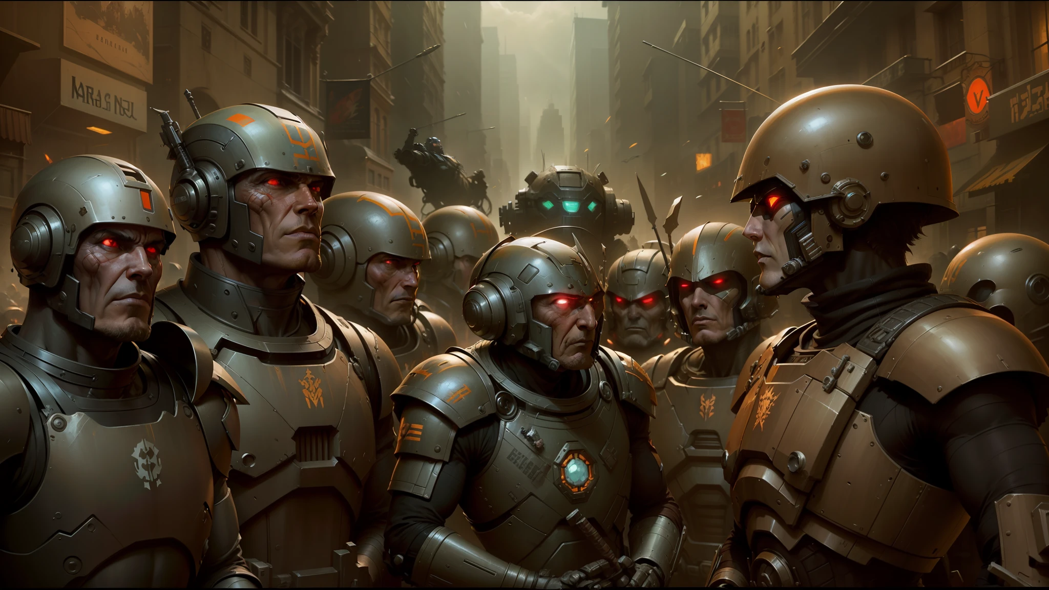 there are many robots standing in a row in a city, craig mullins nekro, isaac asimov and marc simonetti, epic concept art. warhammer 40k, cgsociety ), greg rutkowski and craig mullins, metal hurlant, enki bilal style, adrian smith concept art, peter gric and dan mumford, human soldiers --auto --s2