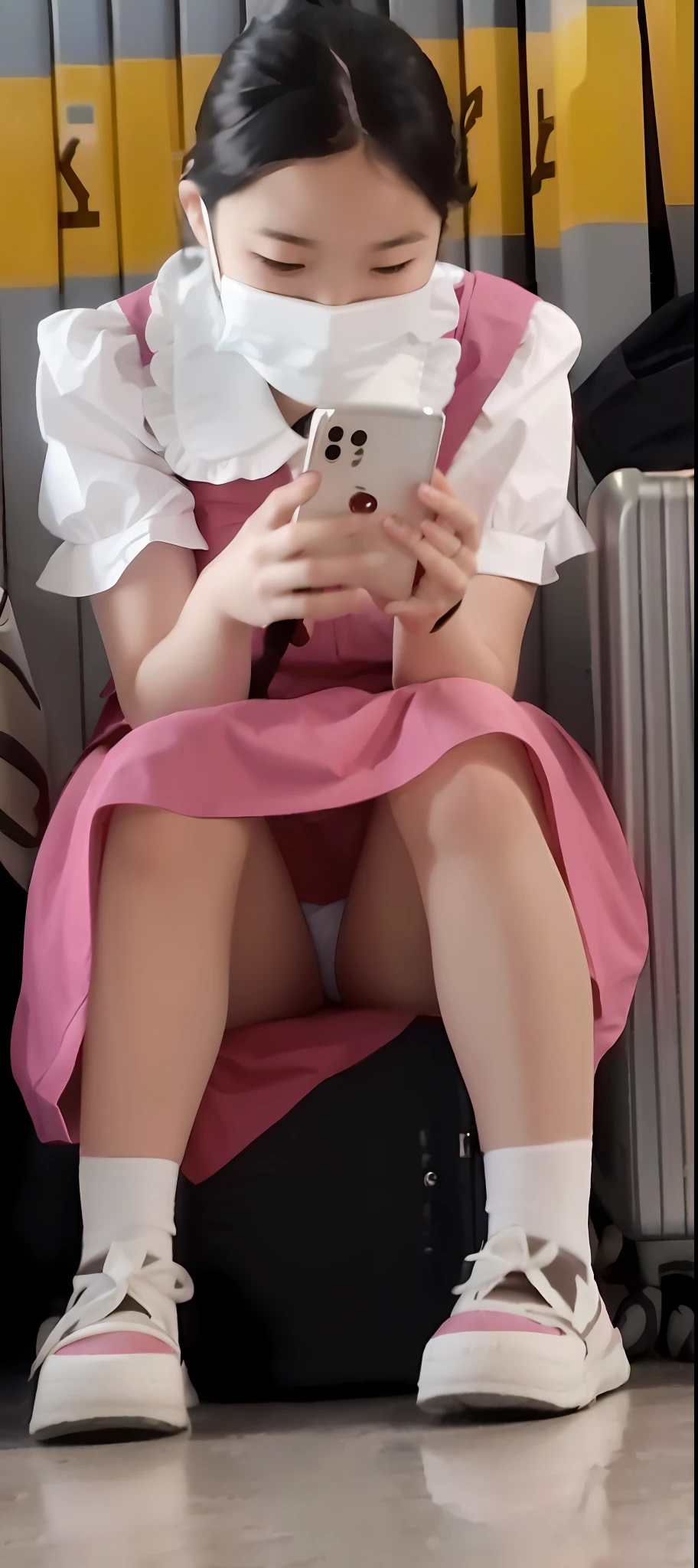 Arapei woman sitting on suitcase wearing mask, dressed as schoolgirl,  in dress, thighs close, wearing pink dress, cute schoolgirl, wearing skirt, pink skirt, pink skirt, legs visible, pink miniskirt, sitting on train, little curvy lolihoolgirl posing, low quality