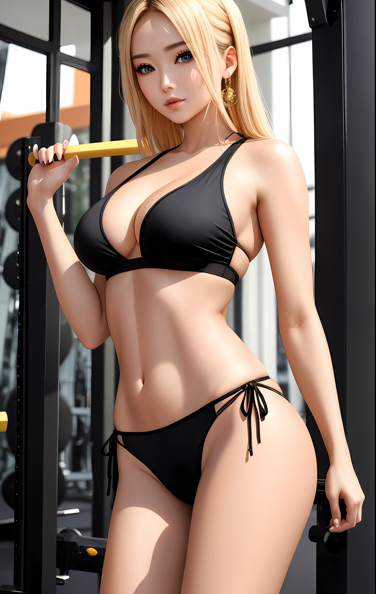 young woman, on her back, wearing black bikini, beautiful woman, European blonde, similar to Ana de Armas, in front of a gym with luxury fitness equipment, in position with her back to the camera, camera with wide-angle lens, she is wearing simple tight clothes, thong bikini, beautiful girl standing, looking at the camera,,  huge file size, ultra-detailed, highres, extremely detailed, beautiful girl detailed, eyes and face extremely detailed, beautiful detailed eyes, light on face, (Hanfu: 1.1), 1girl