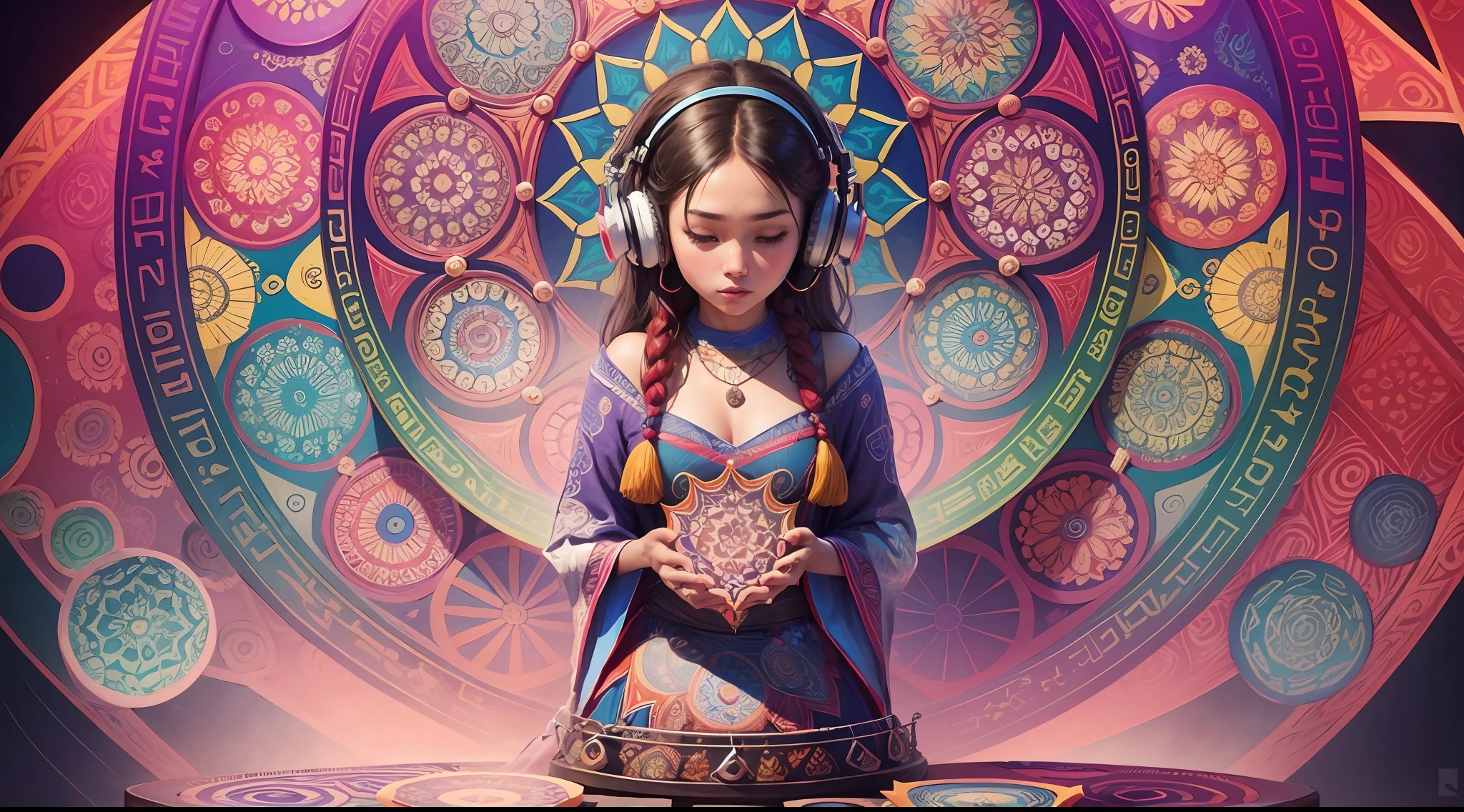 - Create a colorful mandala with intricate lines and patterns, with a diameter of 2560 pixels and a height of 1440 pixels.
- Add a headset that is "listening" to the mandala, as if the music is emanating from it. Make sure the headset is clearly visible, but doesn't obscure the mandala.
- Choose vibrant, saturated colors for the mandala, highlighting the intricate lines and patterns. Consider using a complementary color palette to create a striking visual effect.
- Add the name of the featured YouTube channel in the middle of the image, with a font that matches the mandala and headset vibe.
- Make sure the image has a strong and appealing visual appeal to YouTube channel viewers. Concert your fingers --auto --s2