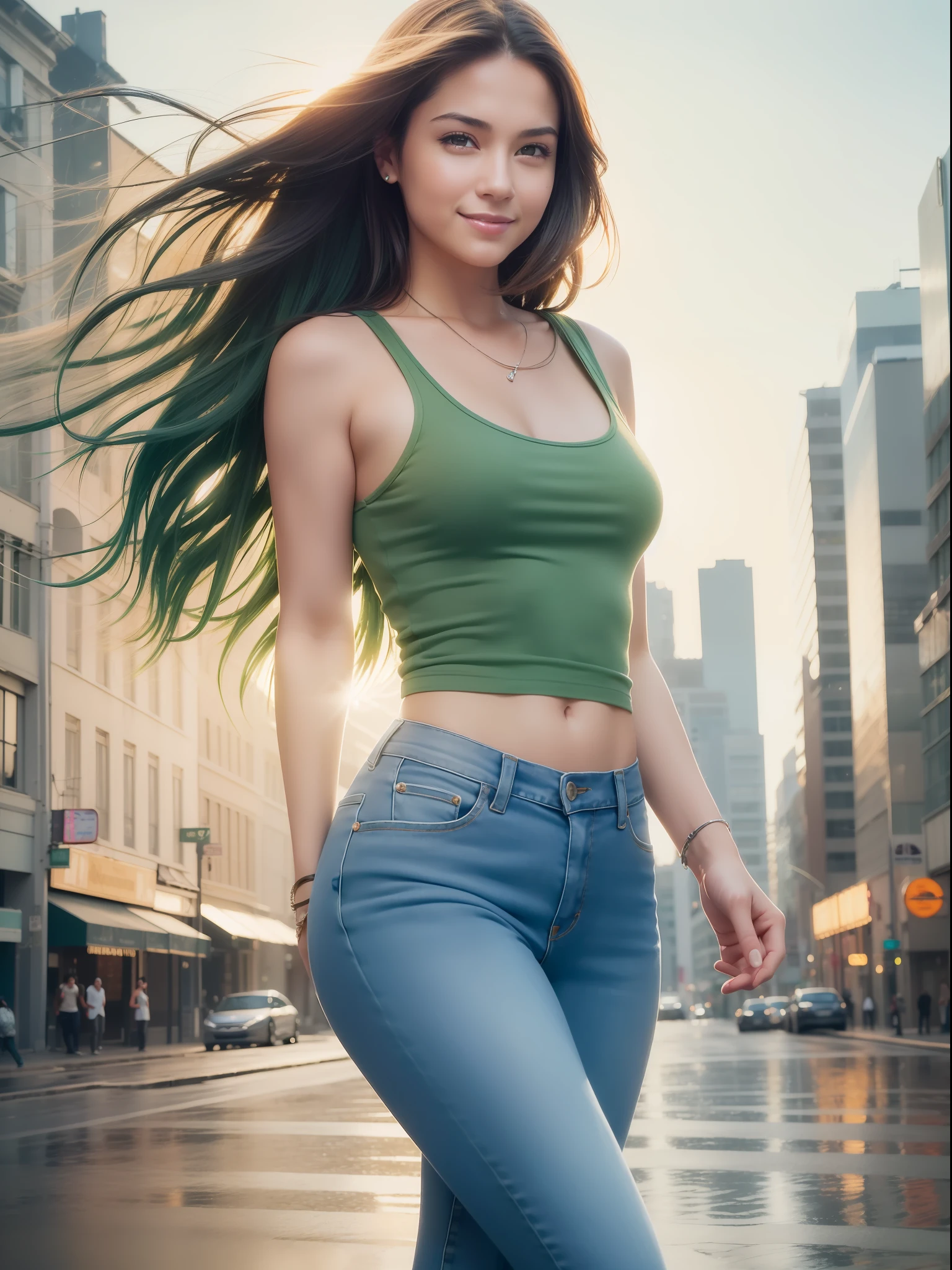 sexy (realistic photo: 1.4), (hyper realistic: 1.4), (realistic: 1.3), (softer lighting: 1.05), (increase the quality of cinematic lighting: 0.9), 32K, 1 girl smiling, 20 years, realistic lighting, backlight, light on face, ray trace, (bright light: 1.2), (increase quality: 1.4), (skin with real texture of better quality: 1.4), smiling, happy, finely detailed eyes, finely detailed face, black hair, finely quality eyes, (joy, flush, smile, happiness), close-up of the smile face, (Increase body line mood: 1.1), (Increase the beauty of skin texture: 1.1) (smiling, green tank top and jeans), (cool colors), on the street, damp, reflections, background with people and cars (masterpiece) (perfect proportion)(realistic photo)(best quality) (detailed) photographed on a Canon EOS R5, 50mm lens, F/2.8, HDR, (8k) --auto --s2