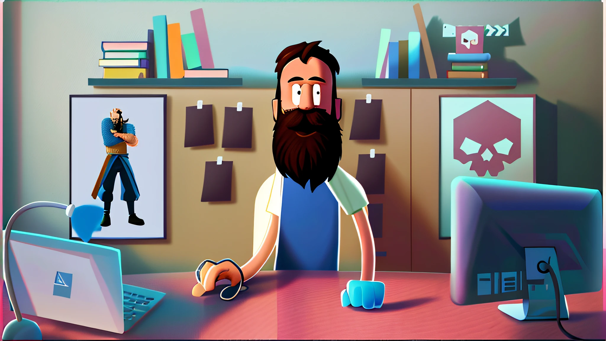 cartoon of a man with a beard sitting at a desk with a computer, corporate animation style, animated still, animation still, character animation, animation still screencap, animation style render, video animation, rotoscoped, 2 d - animation, digital 2d animation, 2d animation, 2 d animation, stopmotion animation, animation illustrative style, animated film still