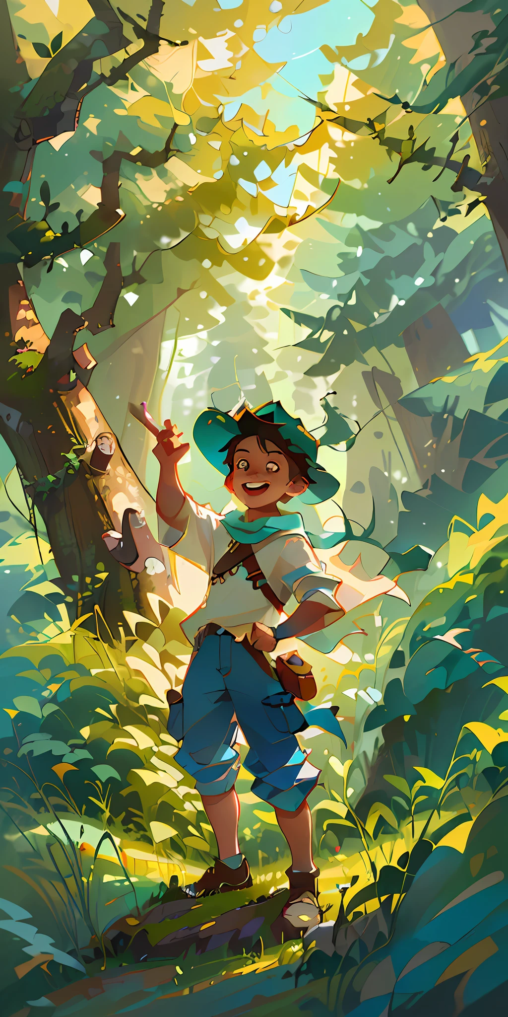 (High quality, 4K, HDR) 1 boy, adventurer, hat, trail clothes, brave adventurer, beautiful colors in the sky, birds, animal, harmonious woods, large scale, pants. (masterpiece, ultra realistic professional lighting, ultra thin 8K, fine texture, detailed background, sharp face, perfect features, smile face, happy. Open woods, detailed background.