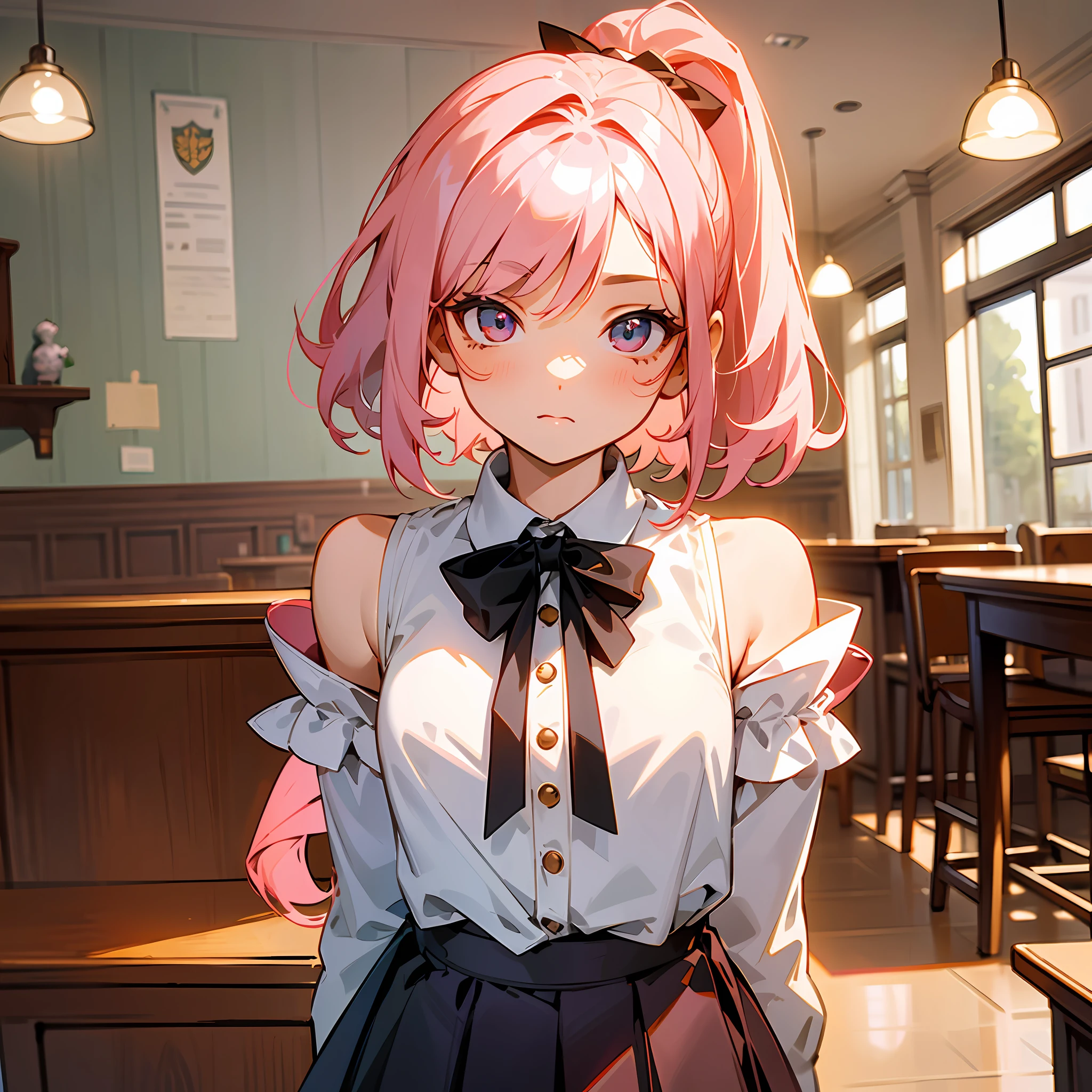 A girl, hands behind her back, leaning forward, looking at the camera, fair complexion, large, bright eyes, long pink hair, ponytail: 1.2, ribbon hair ornament, petite and delicate, school uniform with school crest, short skirt and white shirt, inside the coffee shop, coffee cup and dessert on the table, masterpiece, delicate hair, (((delicate face))), wallpaper, characters in the center, ((delicate shoulder-length short hair))), (((delicate eyes)), PIXIV work, master work, high quality --auto --s2