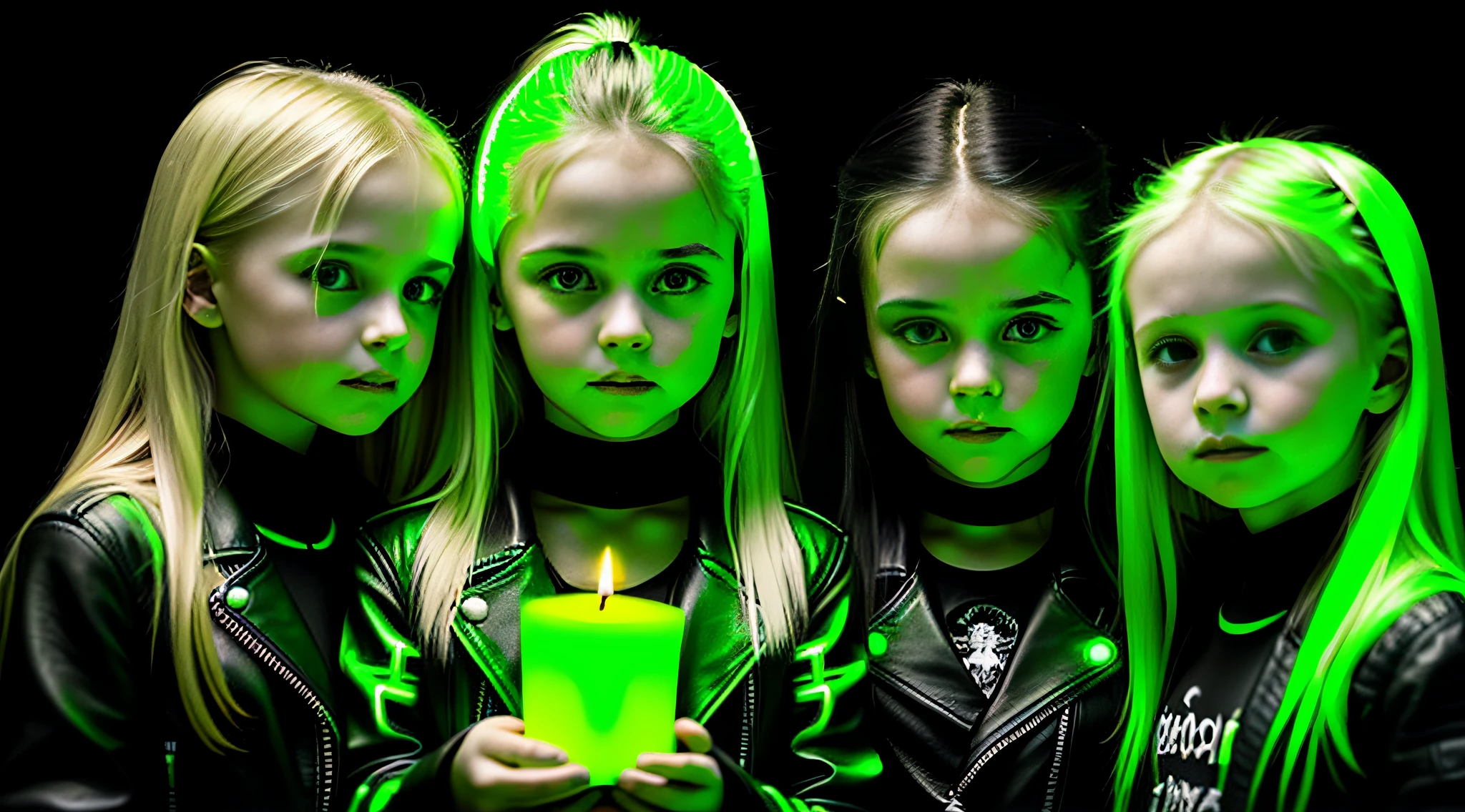 3 girls Russian children with , WITH LONG STRAIGHT HAIR blonde, black leather jacket and black clothes, candles hands with fire, PORTRAT STYLE, a green glow, detalized background of green glow, green glow, green ambient light, bright green, radioactive glow green, neon green, sickening green colors.