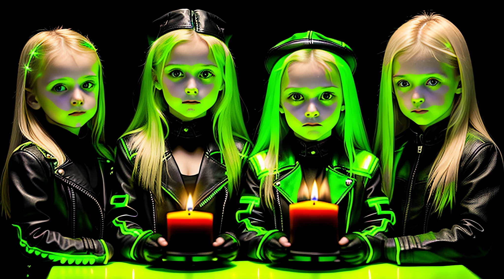 3 girls Russian children with 10 years old, WITH LONG STRAIGHT HAIR blonde, black leather jacket and black clothes, candles hands with fire, PORTRAT STYLE, a green glow, detalized background of green glow, green glow, green ambient light, bright green, radioactive glow green, neon green, sickening green colors.