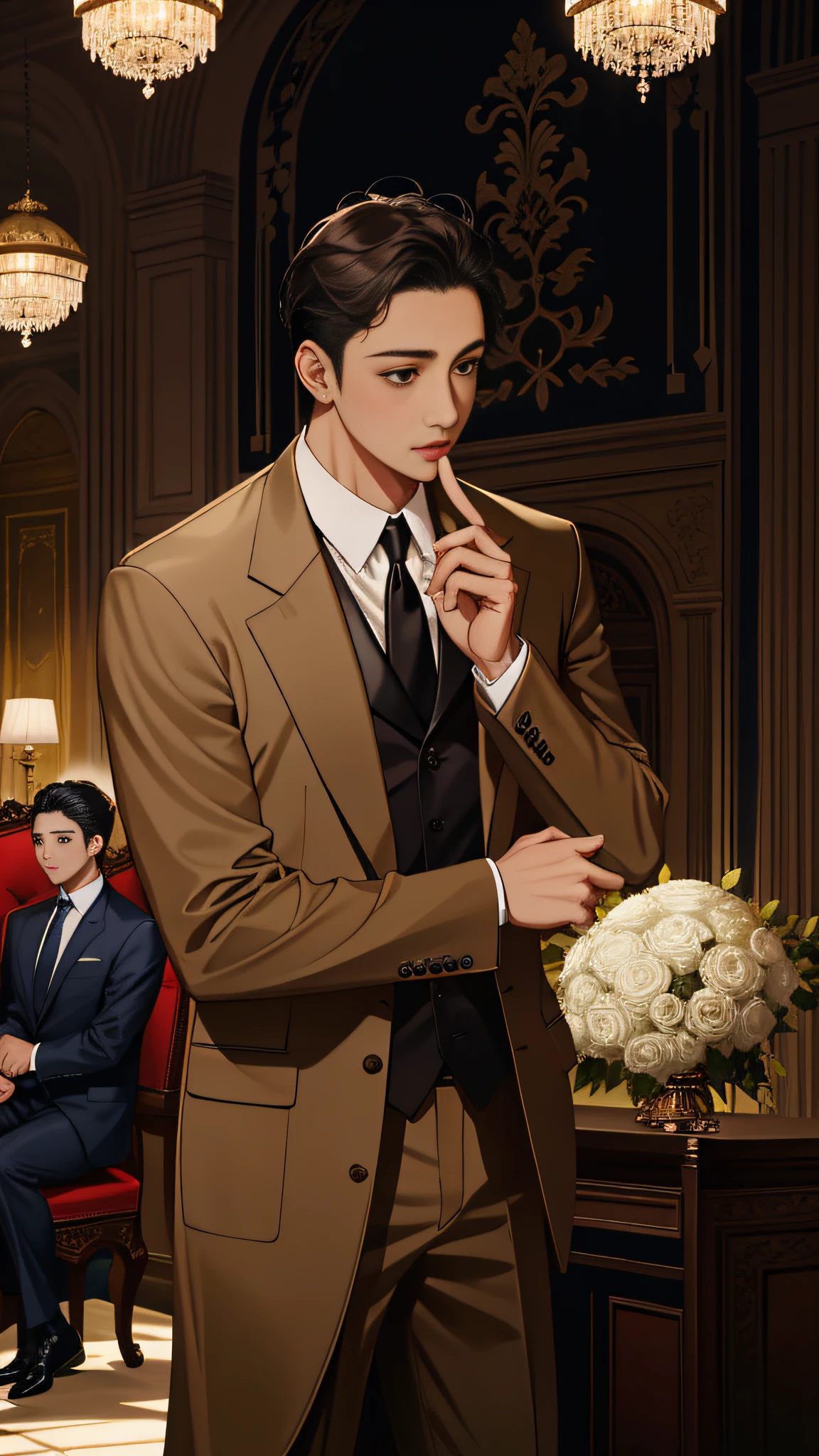 (absurd, highlight, super detailed) + (best light and shadow, masterpiece, best quality), man 1, handsome, short hair, four-finger and one-finger thumb ratio is the best; The background is the courthouse, man 1 standing in front of the podium of the court in a suit and tie, ther young man with big eyes and short hair; wearing a high-end brown suit and dark blue tie; Male 1 looks to the left; Male 1 adult, soloist, handsome, leslie Cheung, Tony Leung, matle