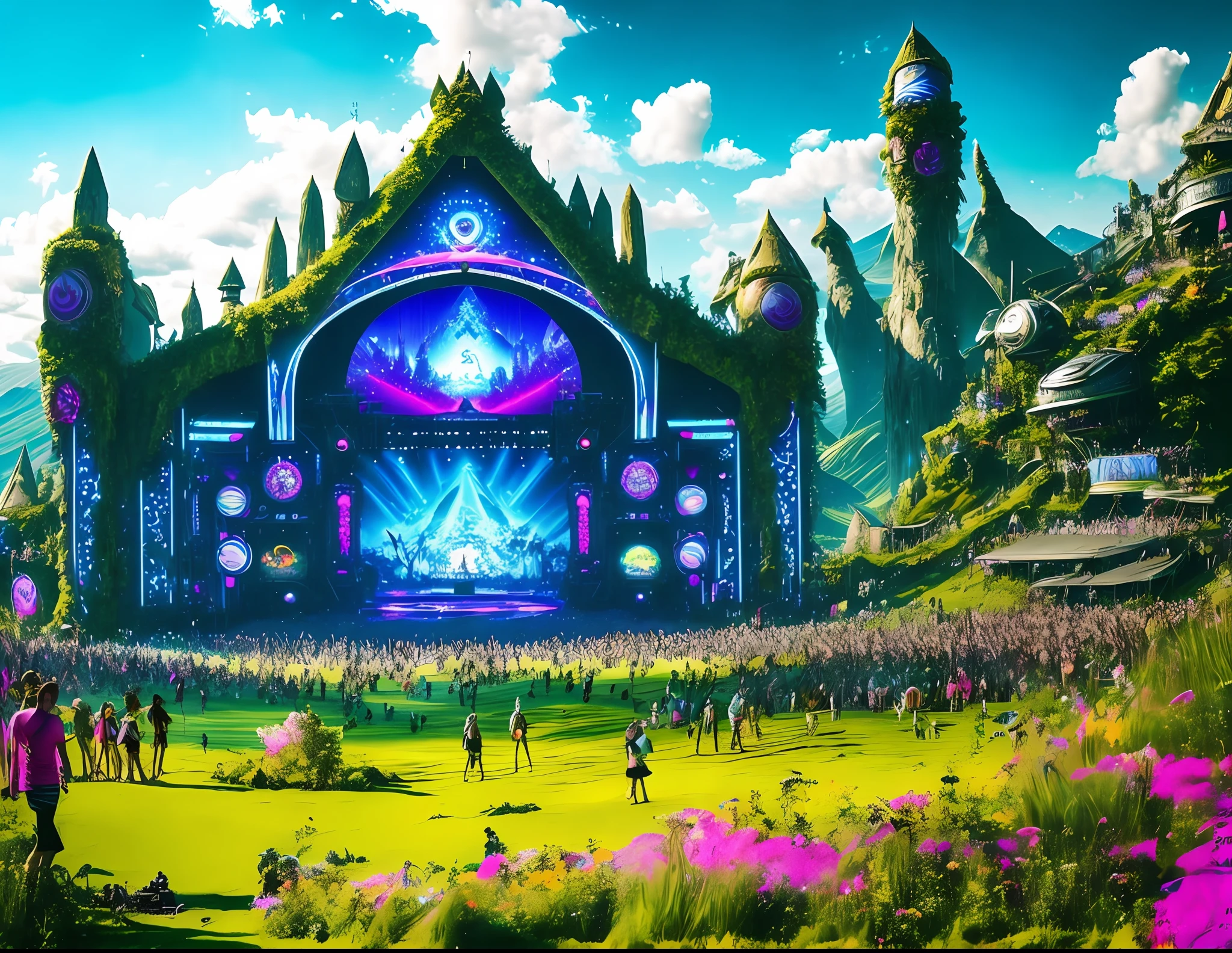 a stage without a crowd of people, Tomorrowland, outdoor rave, mountain with waterfall, an outdoor festival stage, rave party, "trance music and progressive house, extremely beautiful experience, elaborate scenic effects, welcome to wonderland, nature images, scene of a rave, breathtaking epic atmosphere, very epic atmosphere, festival vibes,