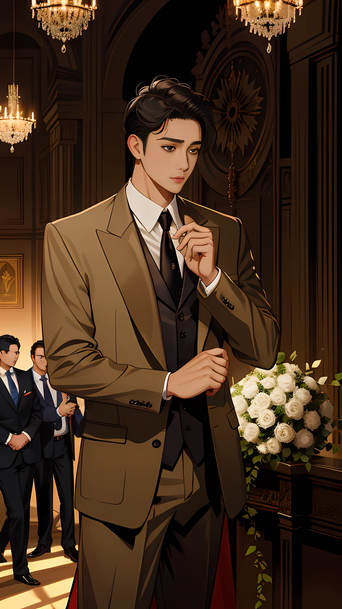 (absurd, highlight, super detailed) + (best light and shadow, masterpiece, best quality), man 1, handsome, short hair, four-finger and one-finger thumb ratio is the best; The background is the courthouse, man 1 standing in front of the podium of the court in a suit and tie, another young man with big eyes and short hair; wearing a high-end brown suit and dark blue tie; Male 1 looks to the left; Male 1 adult, soloist, handsome, leslie Cheung, Tony Leung, mature male
