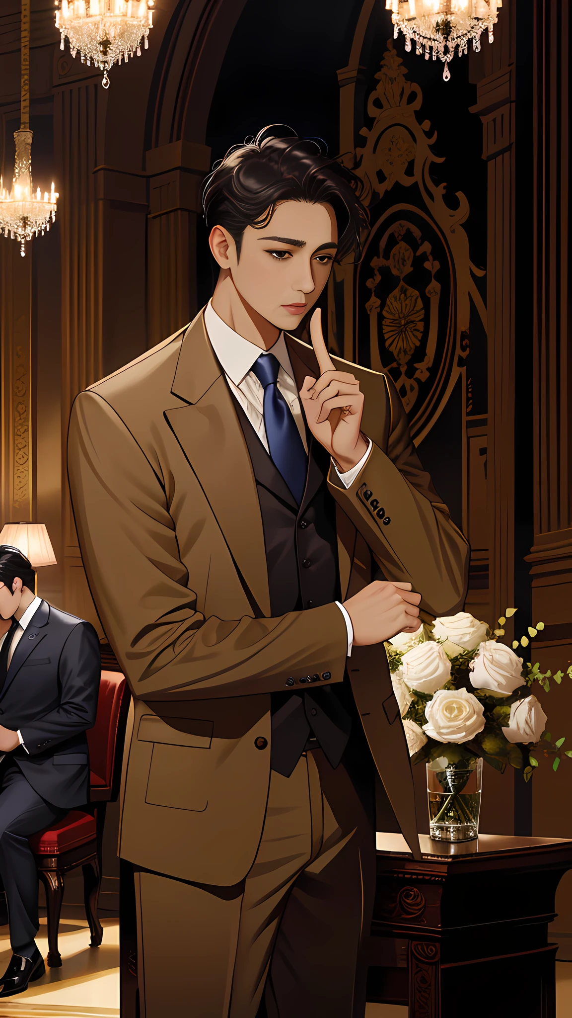 (absurd, highlight, super detailed) + (best light and shadow, masterpiece, best quality), man 1, handsome, short hair, four-finger and one-finger thumb ratio is the best; The background is the courthouse, man 1 standing in front of the podium of the court in a suit and tie, another young man with big eyes and short hair; wearing a high-end brown suit and dark blue tie; Male 1 looks to the left; Male 1 adult, soloist, handsome, leslie Cheung, Tony Leung, mature male