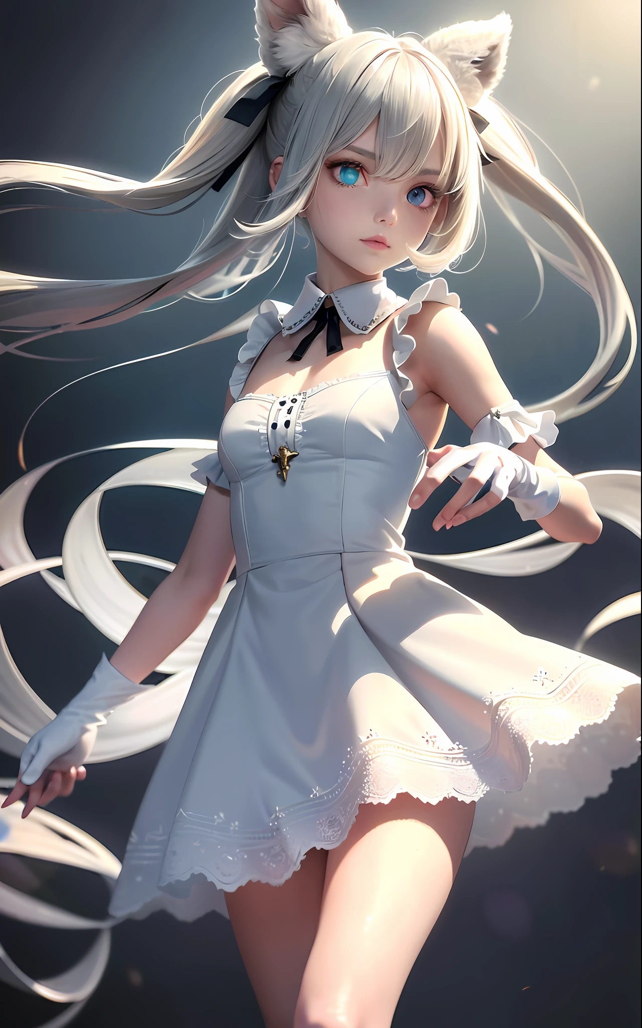 Superb Piece, High Resolution, Best Quality, UHD, Super Detail, Award-Awarded, 16k, (upper body), a beautiful girl, gray hair, hair strands, ((heterochromia)), hanging eyes, fair skin, (small breasts), (slender body), ((summer dress)), (ribbon collar), (short gloves as short as half a palm)