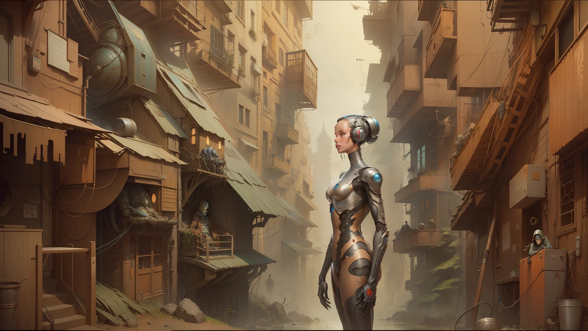 there is a robot that is standing in a narrow alley, peter gric and dan mumford, james jean marc simonetti, by Peter Gric, christophe young eytan zana, lucasfilm jesper ejsing, cgsociety ), craig mullins nekro, james jean soft light 4k, james jean soft light 4 k, weta studio and james jean --auto --s2