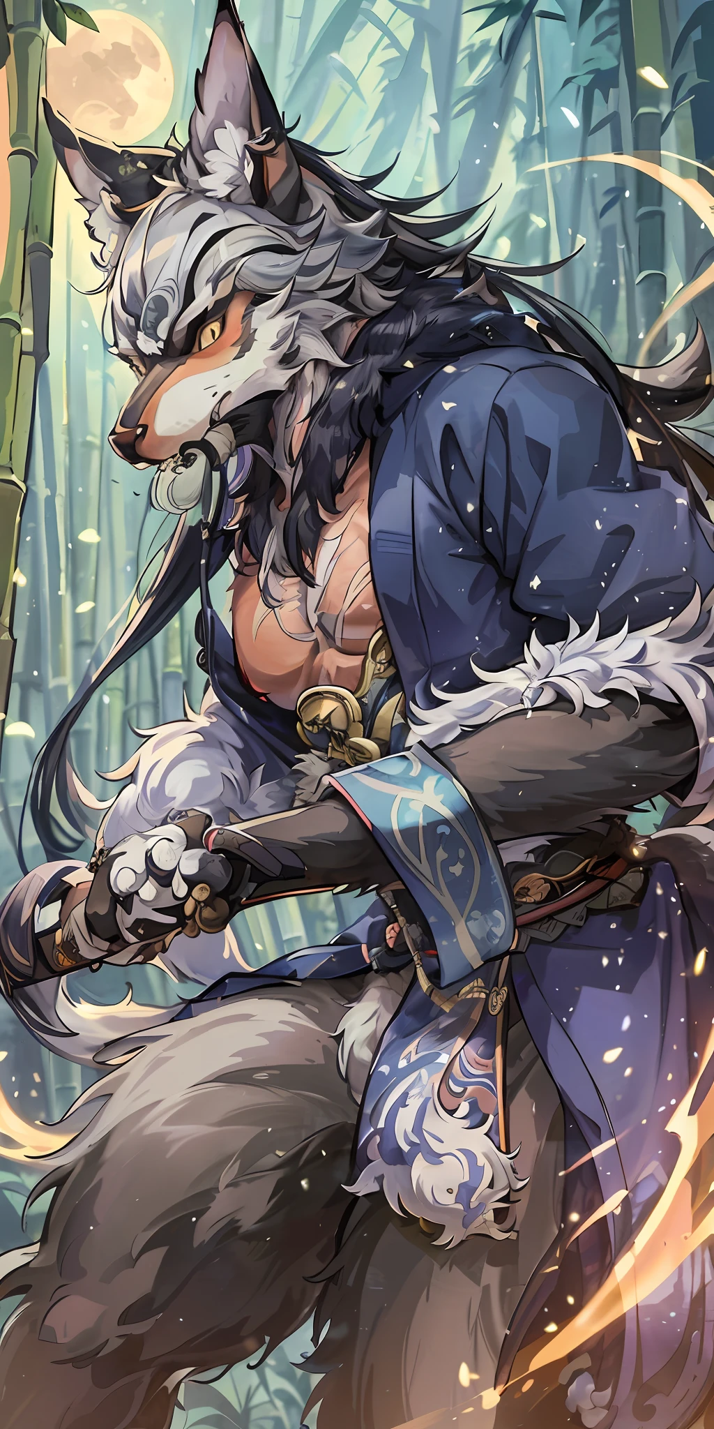 Top quality ultra-fine illustrations, movie poster, Zatoichi, Blind Swordsman, tarot card, shuimobysim (bamboo forest, dark night with beautiful full moon, rays of light through bamboo, backlighting) (beautiful face and eyes with great detail) absurdres perfect anatomy ((Beastman))) (furry, solo focus, Japanese kimono, ninja, sword with blue flames, battle duels, smoke pipe in one's mouth) (furry anthro:1.7) ((((furry body, animal facial features, animal body features)))) ((((animal muzzle highly detailed fur)))) full body, sturdy look, shouting, combat regime (dynamic pose),