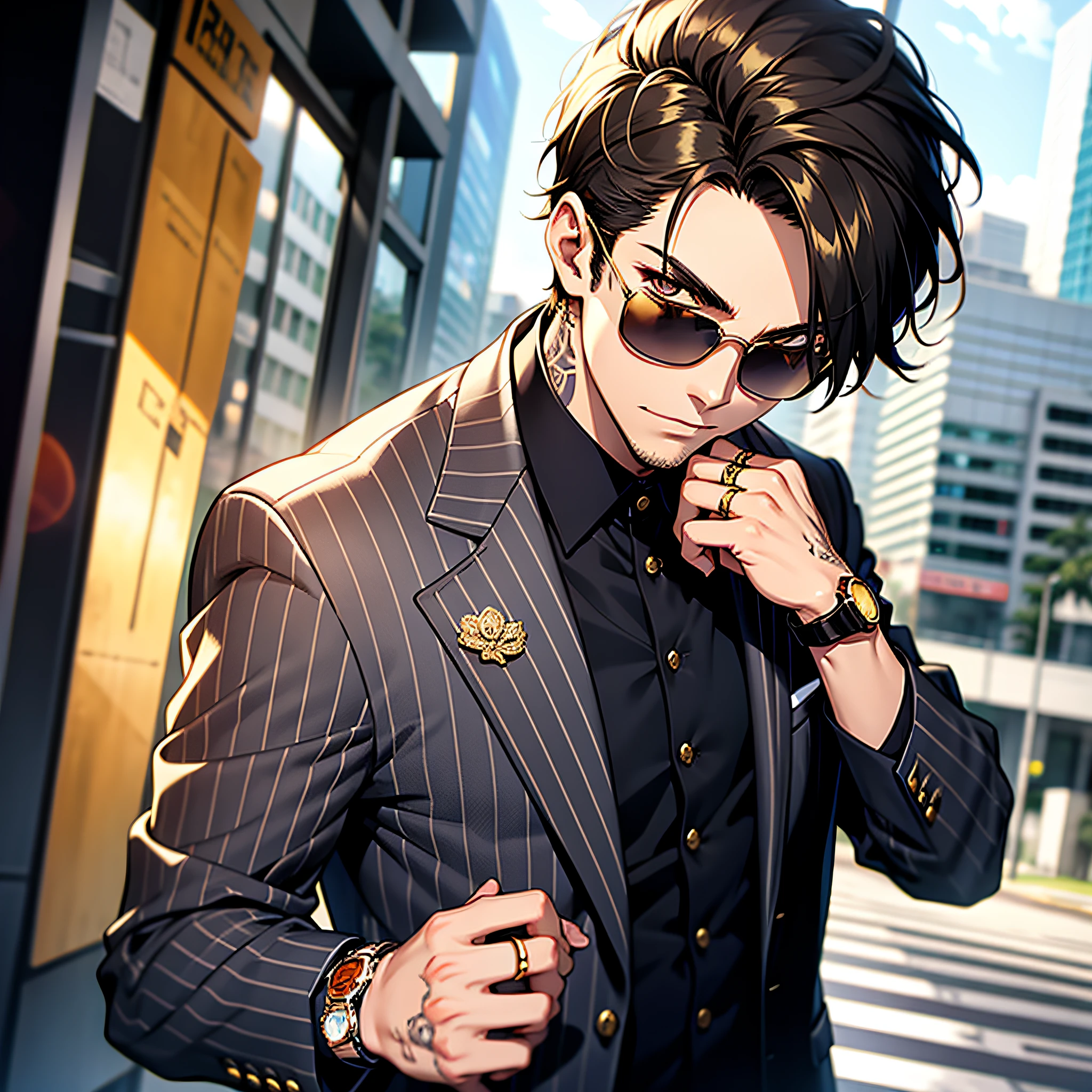 1 boy, short hair, striped suit, big back, local tattoo, sunglasses, gold ring, watch