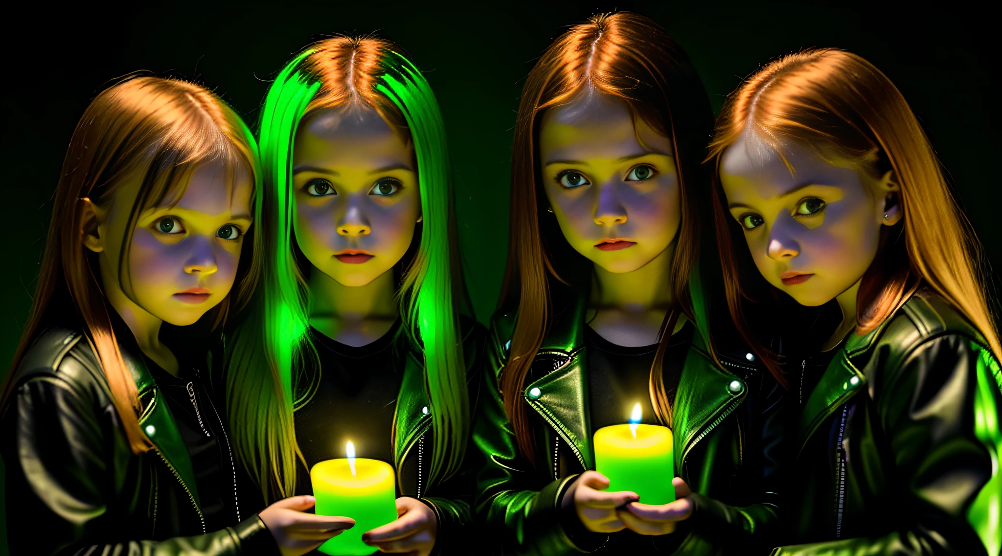 3 girls Russian  with 10 yearsONG STRAIGHT HAIR redheads, black leather jacket and black clothes, candles hands with fire, PORTRAT STYLE, a green glow, detalized background of green glow, green glow, green ambient light, bright green, radioactive glow green, neon green, sickening green colors.