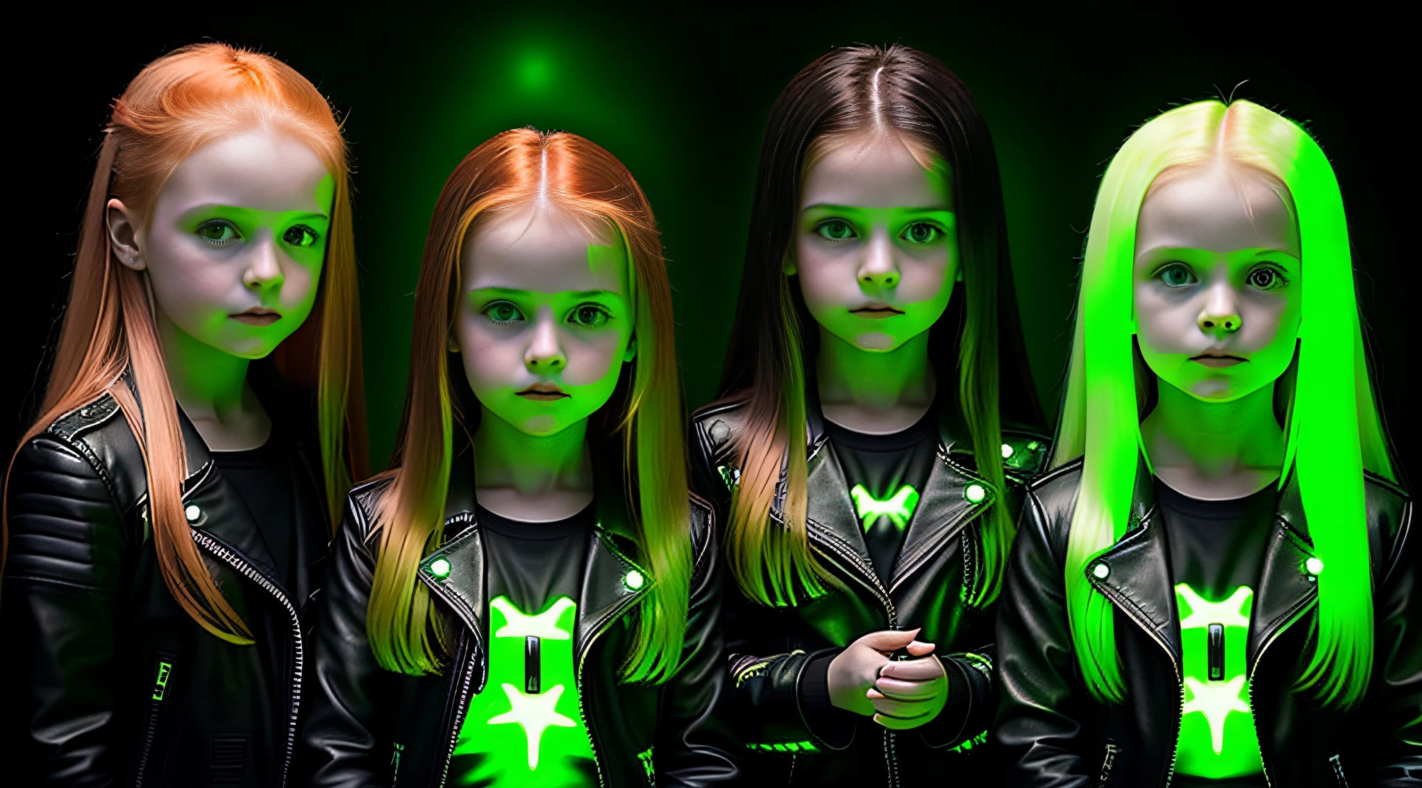 3 girls Russian children with 10 years old, WITH LONG STRAIGHT HAIR platinum redheads, black leather jacket and black clothes, candles hands with fire, PORTRAT STYLE, a green glow, detalized background of green glow, green glow, green ambient light, bright green, radioactive glow green, neon green, sickening green colors.