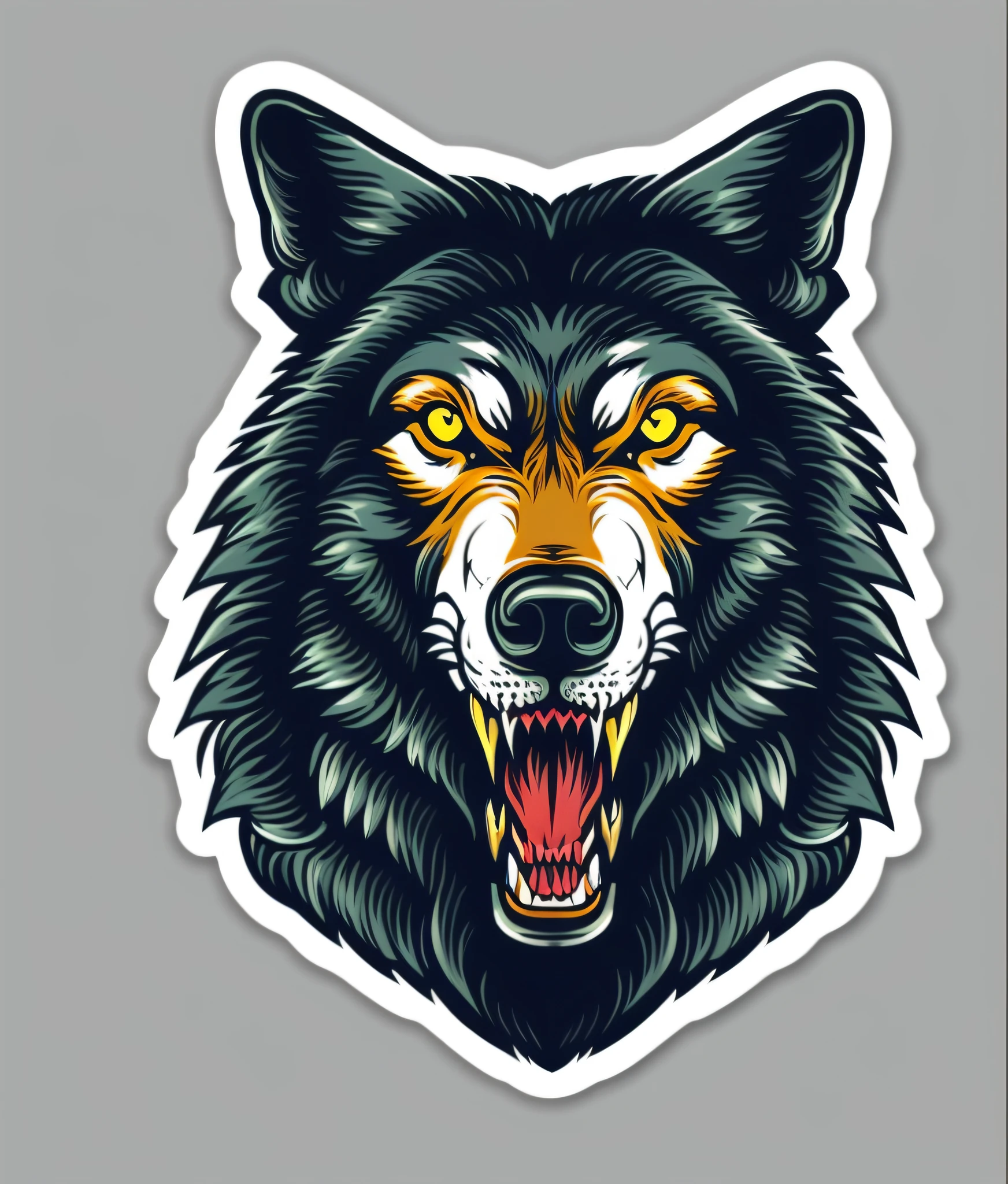 wolf, white, vintage style, (T-shirt design), evil face, showing teeth realistic volumetric light of masterpiece