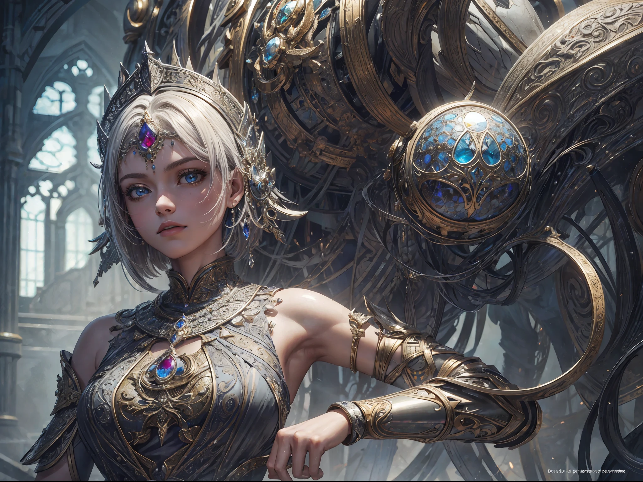 masterpiece, high quality, 3d, 8k cg, intricate details, detailed background, sacred. ornaments, byDylanKowalski, ((1girl)), upper body, muscular, skindentation, looking to the side, short hair, prosthesis, mechanical arms, synthetic skin, porcelain, pearl, holographic, titanium, diamond, ruby, sapphire, gemstones, clockwork, grunge, worn edges, armor,