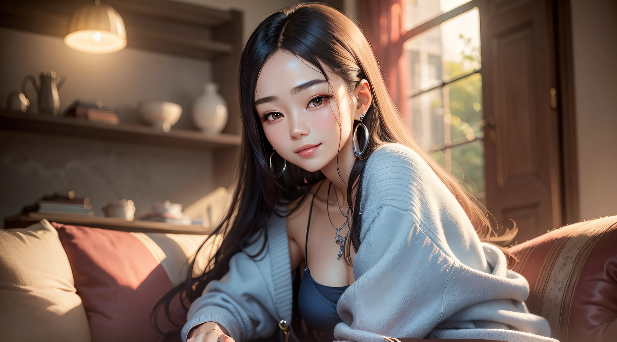 Smiling minchen, ridiculous, closed mouth, balanced eyes, (Best Quality Detail: 1.2), Realistic, 8K HD, Ultra Detailed, High Quality Texture, Complex Detail, Detailed Texture, Fine Detail, High Detail, Very Detailed CG, High Quality Shadows, Delicate Beautiful Delicate Face, (Delicate Beautiful Delicate Eyes: 1.32), Depth of Field, Ray Tracing, (A Beautiful 25-Year-Old Cute Chinese Beauty: 1.4), Small Breasts, Tall Female, Beautiful Legs, Glow Eyes, Blush, Perfect Petite, Scrawny, Blurred Outdoor Background, Silver Tight Bra, Blue Taste Denim Coat, Cardigan Coat: 1.1, [Brown skirt]: 1, stockings and suspenders: 1.2, long hair, comfortable living room, sunshine, kneeling on sofa, earrings, necklace, model, looking at the audience, dynamic pose, earrings, necklace, model, looking at the audience, from the side, dynamic pose, front --auto --s2