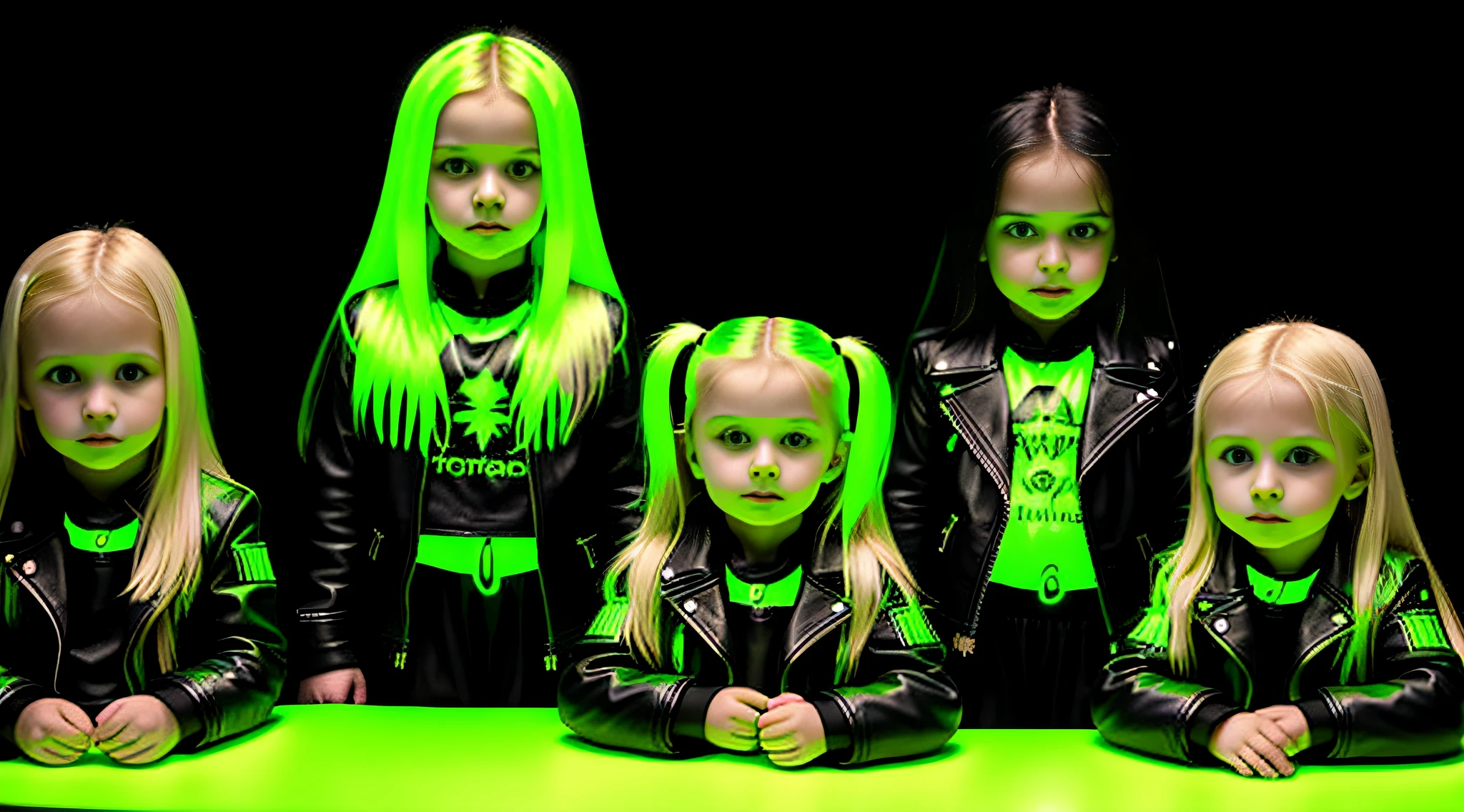 3 Russian children girls with 10 years old, WITH LONG STRAIGHT HAIR blonde, black leather jacket and black clothes,candles with fire, PORTRAT STYLE, a green glow, detalized background of green glow, green glow, green ambient light, bright green, radioactive glow green, neon green, sickly green colors.
