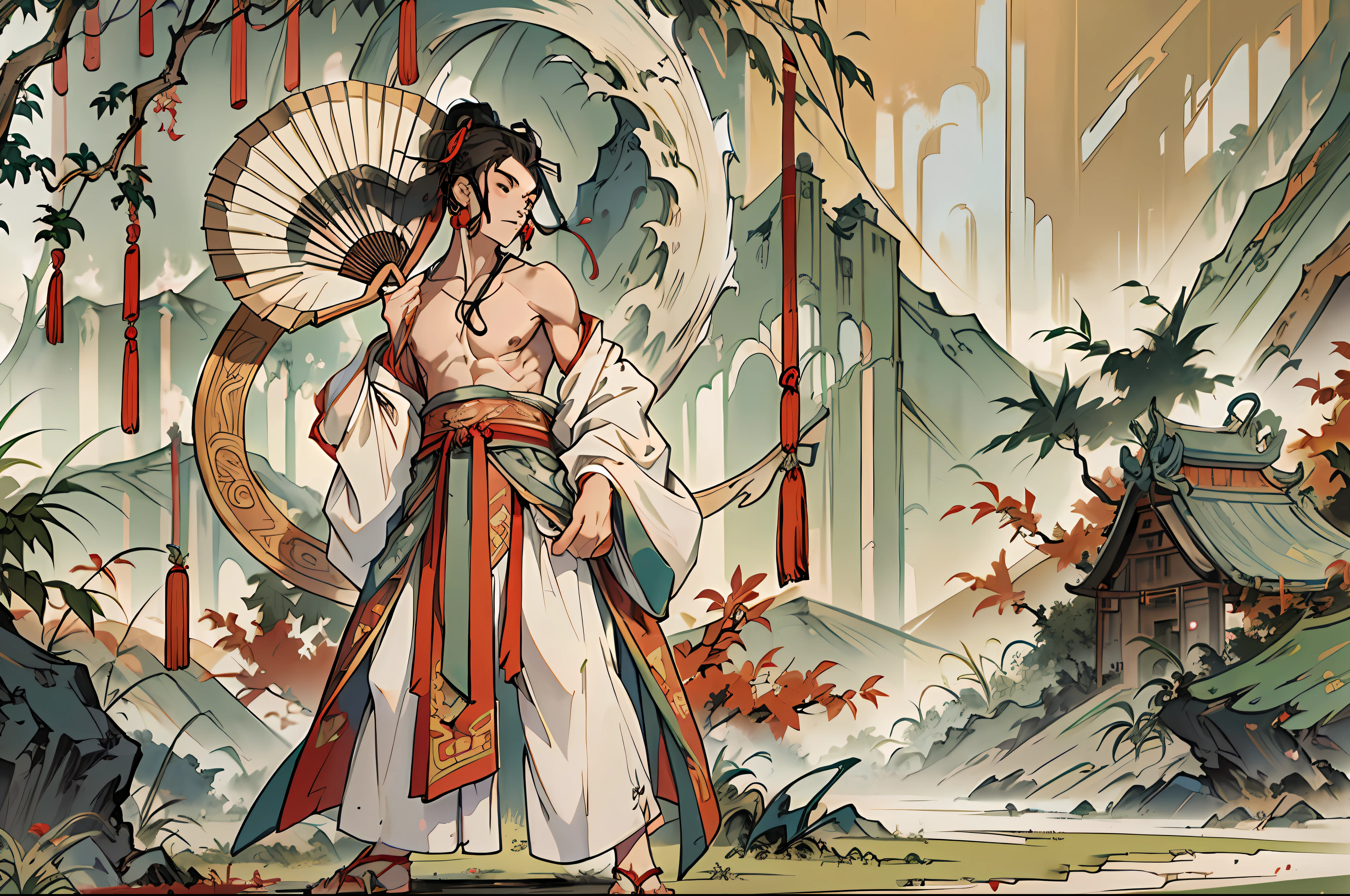 Best quality, male, teenage, fair skin, nipple, barefoot, bare shoulder, bare legs, earrings in ears, ankle rings, ancient Chinese style, long hair, a teenager standing on a mountain dancing with a folding fan in his hand
