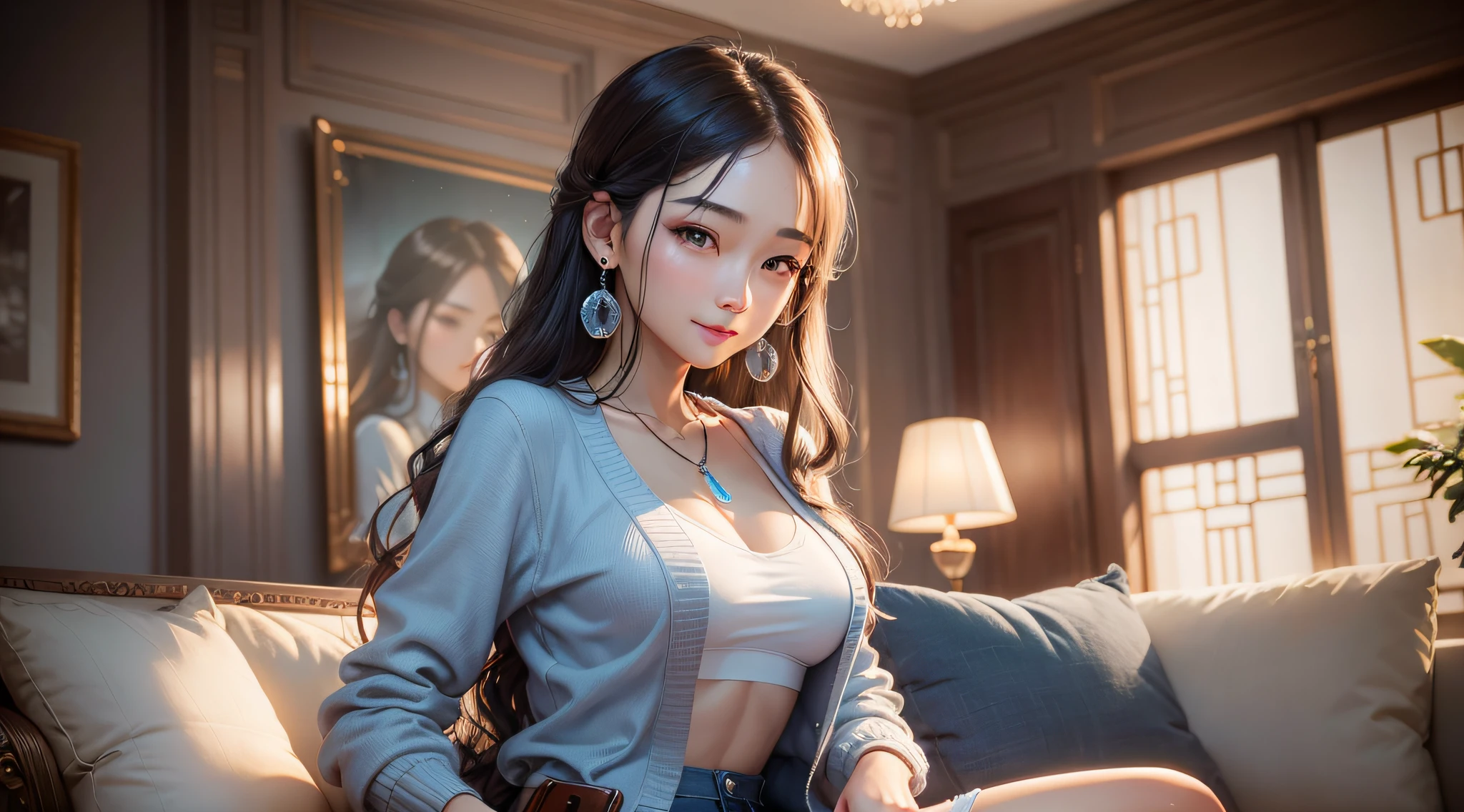 Smiling minchen, ridiculous, closed mouth, balanced eyes, (Best Quality Detail: 1.2), Realistic, 8K HD, Ultra Detailed, High Quality Texture, Complex Detail, Detailed Texture, Fine Detail, High Detail, Very Detailed CG, High Quality Shadows, Delicate Beautiful Delicate Face, (Delicate Beautiful Delicate Eyes: 1.32), Depth of Field, Ray Tracing, (A Beautiful 25-Year-Old Cute Chinese Beauty: 1.4), Small Breasts, Tall Female, Beautiful Legs, Glow Eyes, Blush, Perfect Petite, Scrawny, Blurred Outdoor Background, Silver Tight Bra, Blue Taste Denim Coat, Cardigan Coat: 1.1, [Brown skirt]: 1, stockings and suspenders: 1.2, long hair, comfortable living room, sunshine, kneeling on sofa, earrings, necklace, model, looking at the audience, dynamic pose, earrings, necklace, model, looking at the audience, from the side, dynamic pose, front --auto --s2