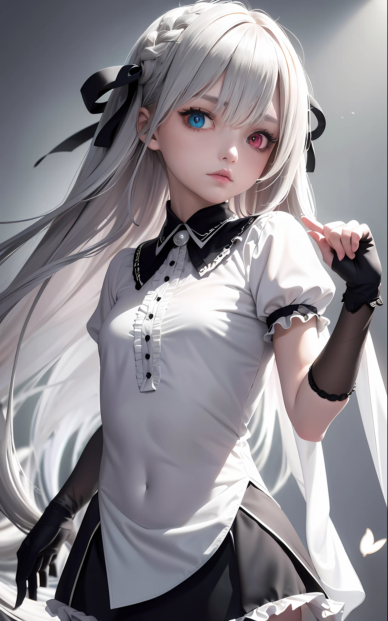 Superb Creation, High Resolution, Best Quality, UHD, Super Detail, Award-Awarded, 16k, (Upper Body), A Beautiful Maiden, Gray Hair, Hair, ((Heterochromia)), Hanging Corners, Fair Skin, (Small ), (Slim Body), ((Shirt)), (Ribbon Collar), (Short gloves as short as half a palm)