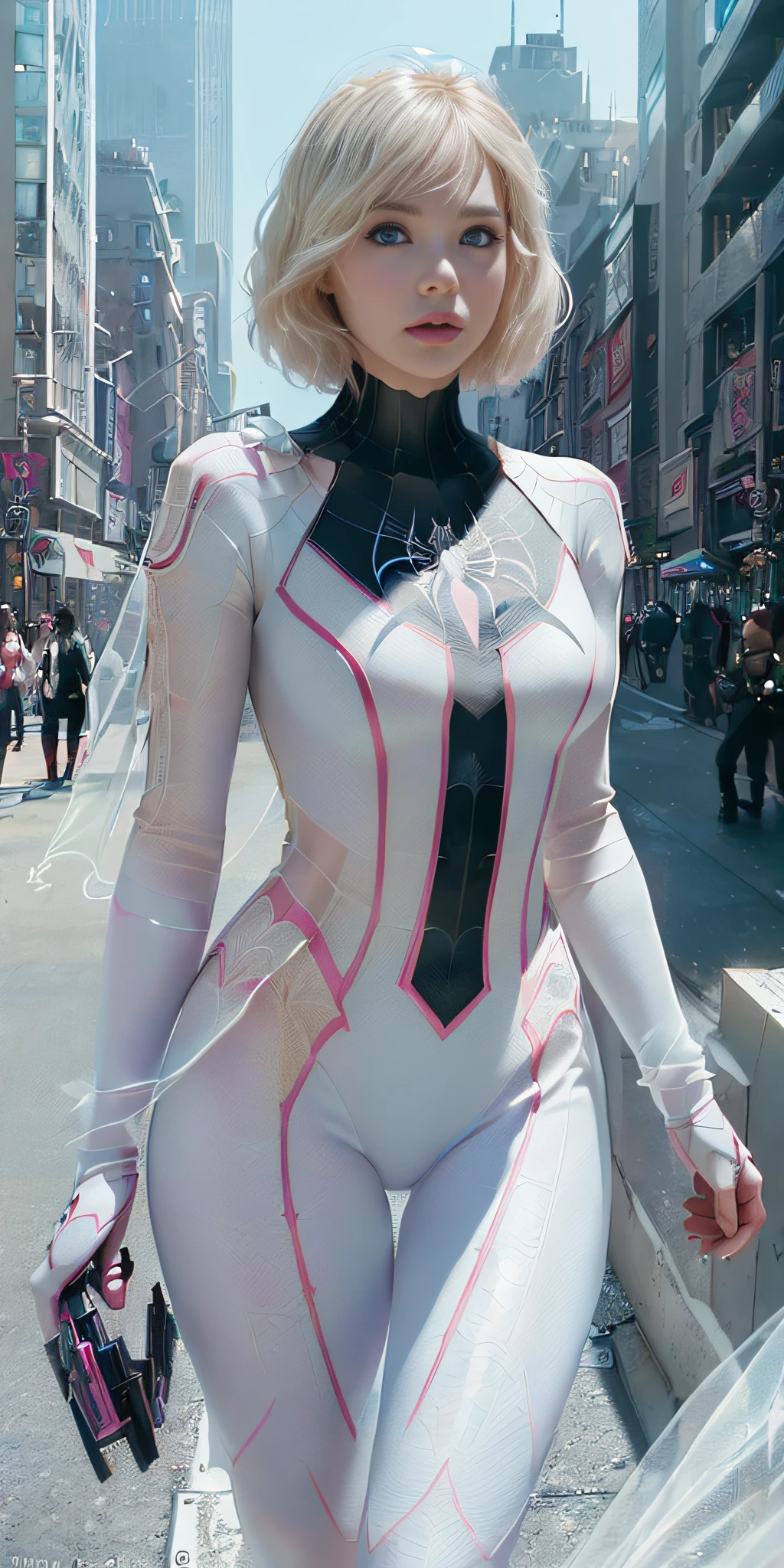 (1girl:1.3), Spider Gwen, solo, (((extremely detailed face))),(((extremely detailed eyes and face)), short shaved blonde hair on one side, beautiful detailed blue eyes,body-parts__, official art, 8k unified wallpaper, super detailed, night, beautiful and aesthetic, beautiful, masterpiece, best quality, raw, masterpiece, super thin photo, best quality, super high resolution, photorealistic realism,  sunlight, full body portrait, amazing beauty, no necklines, dynamic pose, delicate face, vibrant eyes, (from the front), she is wearing Spider Gwen uniform, tight outfit, with lots of details, white and pink color scheme, spider symbol on chest, spider, very detailed NYC background, detailed face, detailed complex busy background, messy, gorgeous, highly detailed skin,  realistic skin details, visible pores, sharp focus, volumetric mist, 8k uhd, DSLR, high quality, film grain, fair skin, photographic realism, lomography, huge metropolis in future dystopia, seen from below, translucent