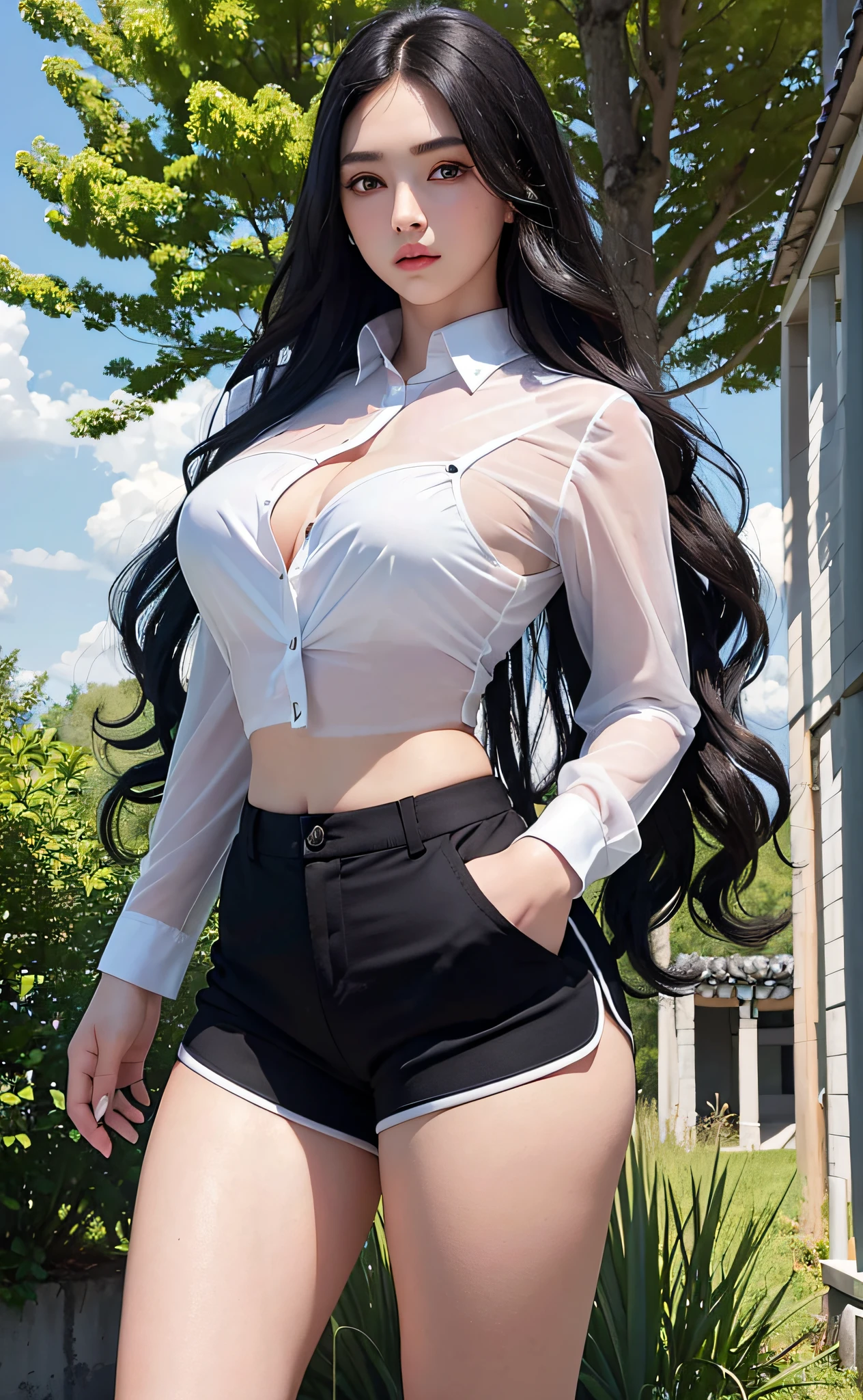 (Masterpiece, realistic, high resolution), (1 girl): 1.2), Chinese, ((black wavy hair): 1.3), (heterochromic eyes: 1.1, thick eyebrows), tie, (white transparent shirt, black transparent sports shorts: 1.3), (medium breasts): 1.3, thighs), outdoor, blue sky and white clouds