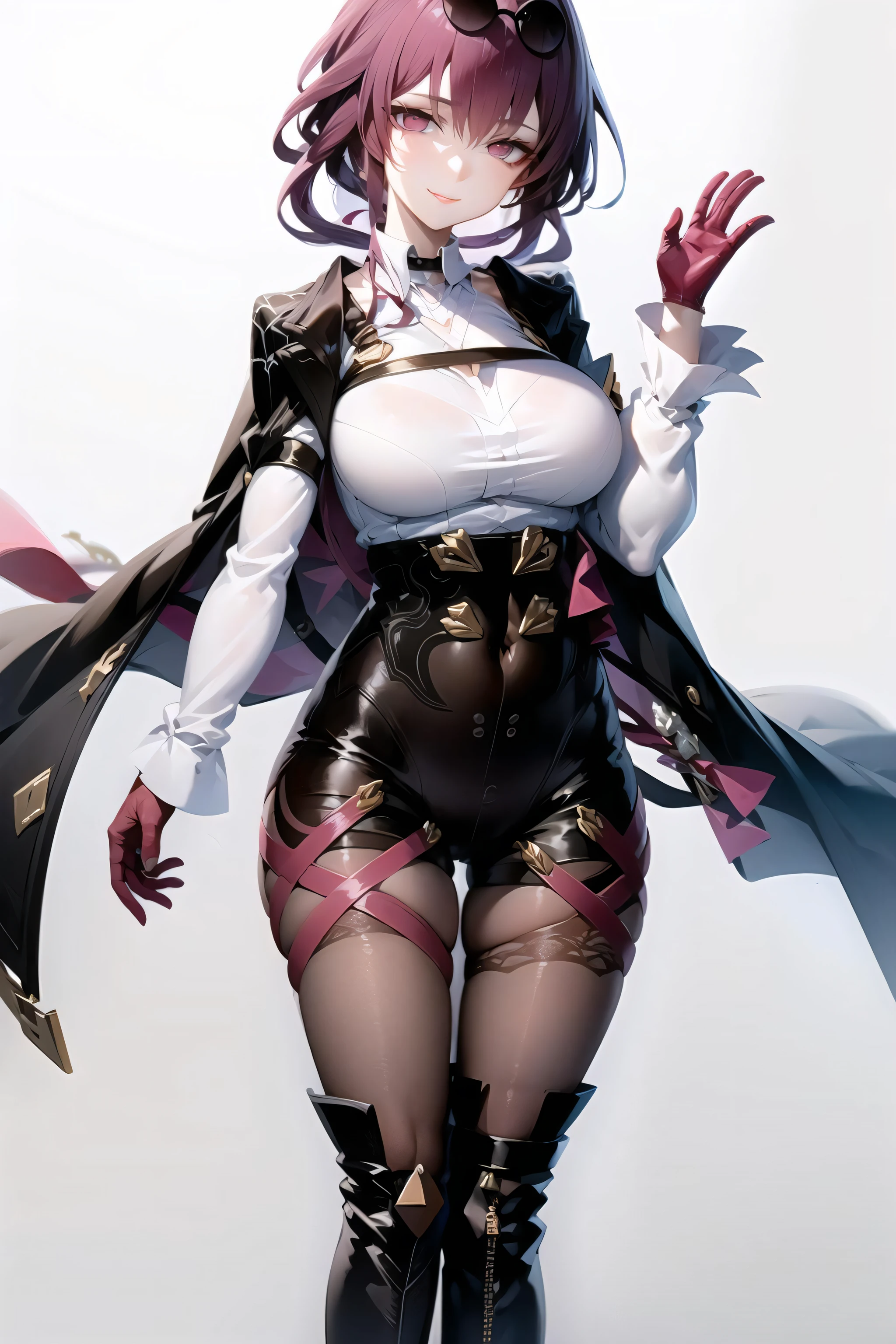 masterpiece, best quality, 1girl, KafkaV4, shirt, white shirt, jacket, purple hair, long sleeves, eyewear on head, sunglasses, boots, gloves, thigh boots, pantyhose, standing, white background, closed mouth, smile, looking at viewer,