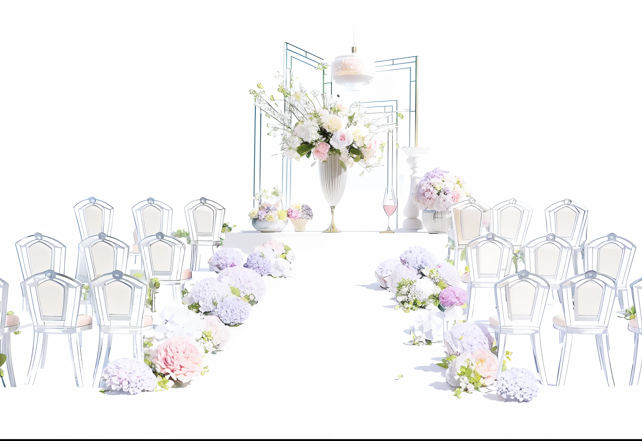 There are many vases and flowers on the table in the room, dramatic fantastic lighting, 3D rendering style, hydrangea arrangement, intricate sparkling atmosphere, with 3D rendering, ray tracing 3D set design, dramatic and dynamic lighting, dramatic lighting rendering, photographic rendering, final rendering, outdoors, sunny