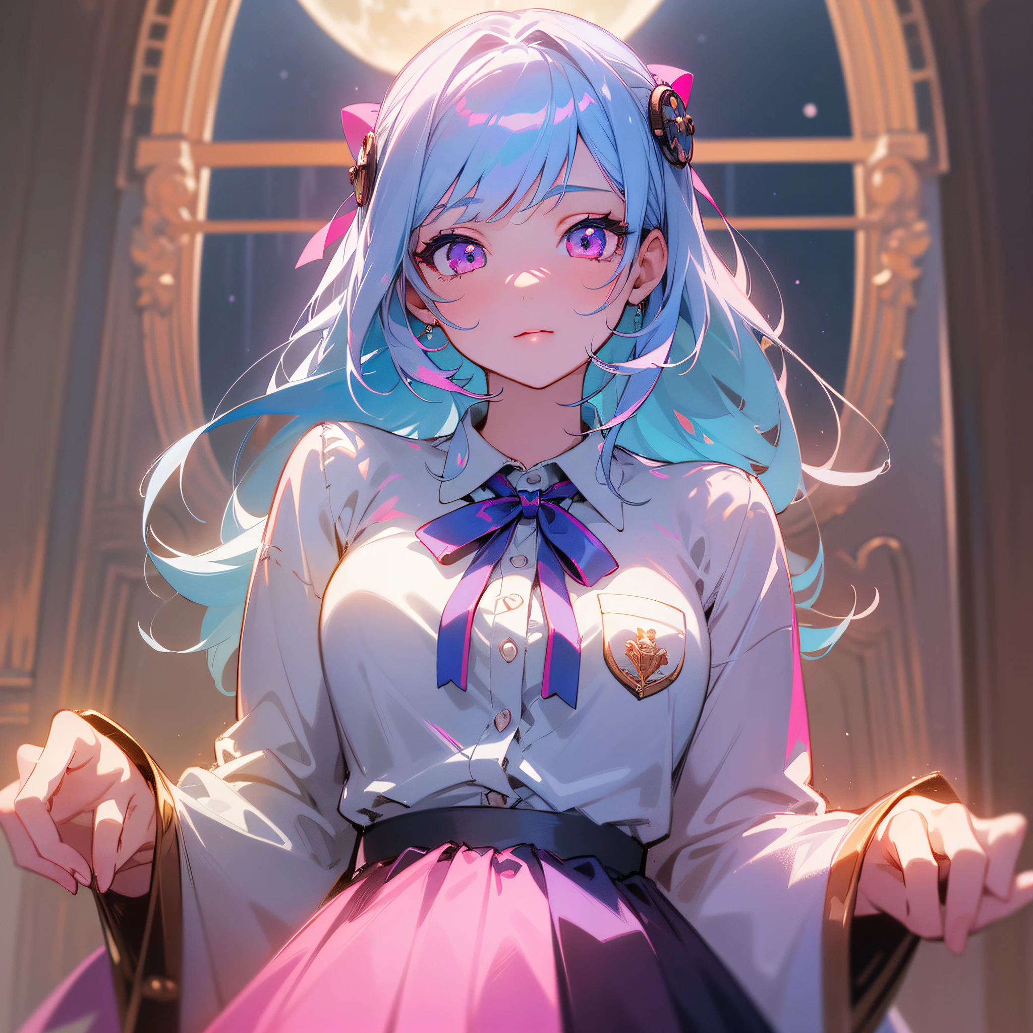 (detailed beautiful eyes and detailed face, masterpiece side light, masterpiece, best quality, detailed, high resolution illustration), (1 girl, beautiful girl, shiny skin, look down, look at the audience), (light blue hair, pink eyes, skirt, ribbon, button shirt) Beautiful moon season