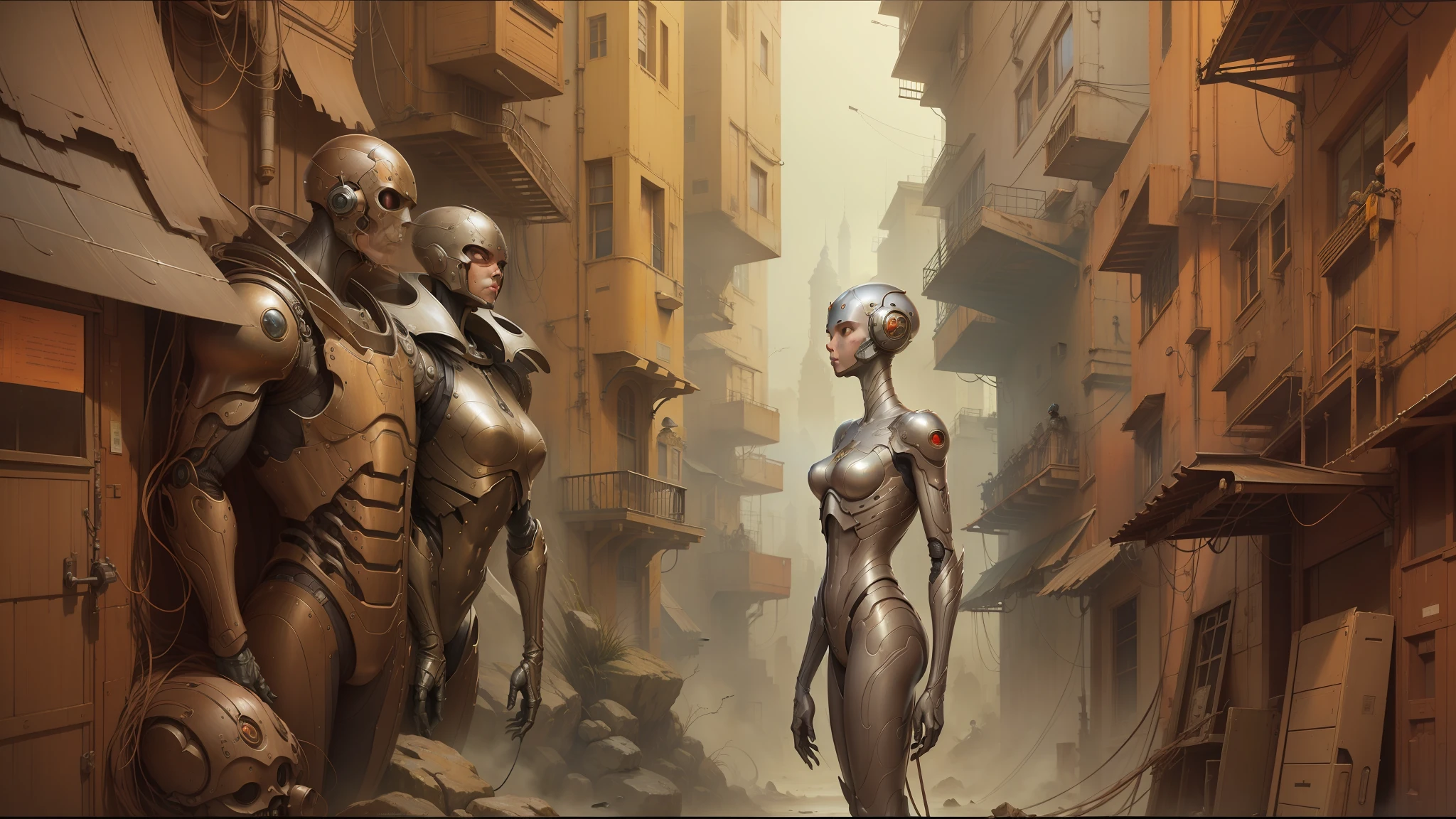 there is a robot that is standing in a narrow alley, peter gric and dan mumford, james jean marc simonetti, by Peter Gric, christophe young eytan zana, lucasfilm jesper ejsing, cgsociety ), craig mullins nekro, james jean soft light 4k, james jean soft light 4 k, weta studio and james jean --auto --s2