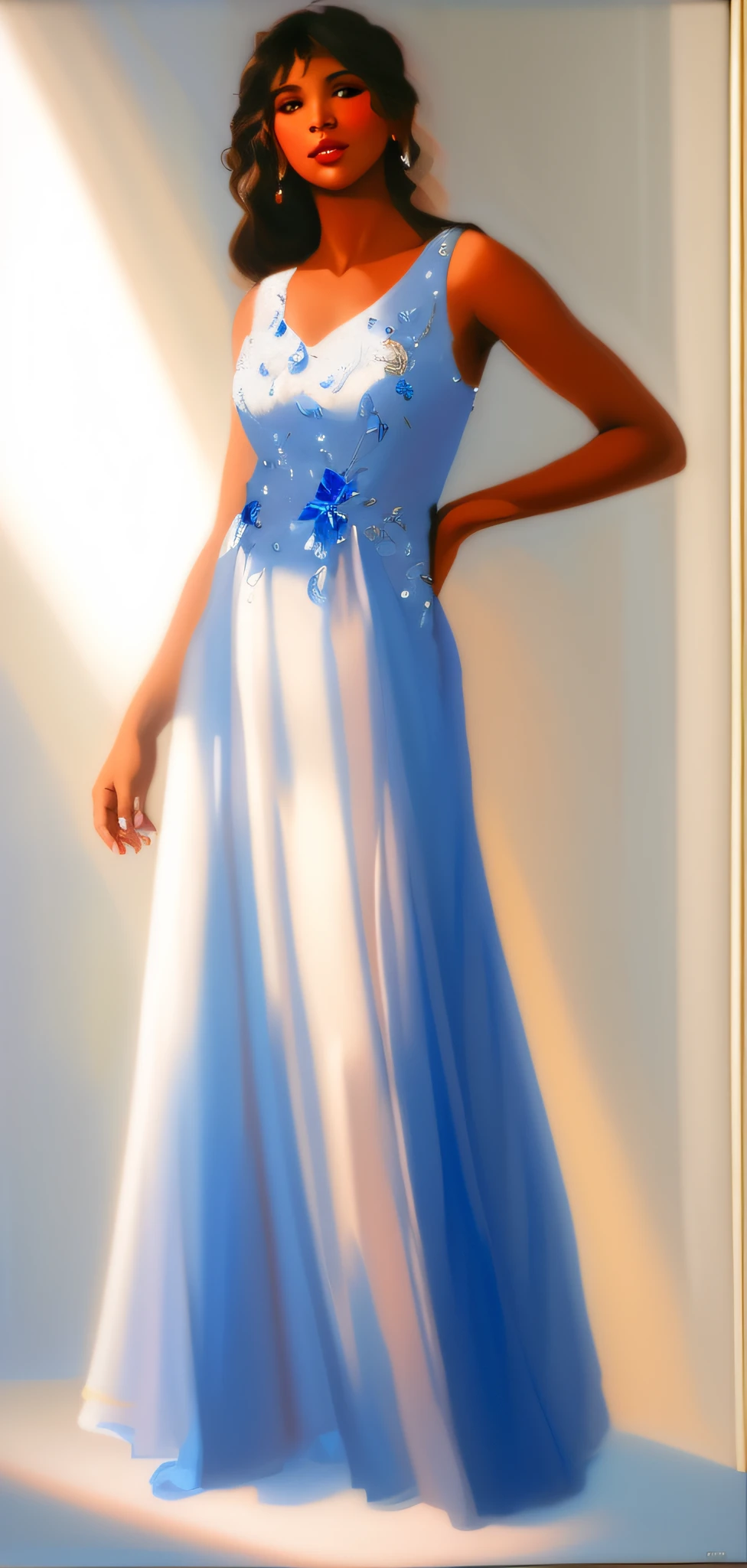 (masterpiece), full body Young Toni Braxton wearing a blue gala dress and moonlinght in the background of the image, beautiful face, intricate, depth of field, Chiaroscuro, sfumato, dramatic lighting, three-dimensional, clear-dark contrast, oil painting, subtle colors to create textures on the face, vibrant and warm colors to highlight details of the rosy cheek and red lips, bluish or grayish shadows in shaded areas, shades of blue and gray to create the tears, and white to represent the highest points of brightness and reflection of the tears, Caravaggio. studio portrait, soft light, rim lighting, twinkle in the eyes, bokeh background, painterly, Razumov Konstantin, Vladimir Volegov