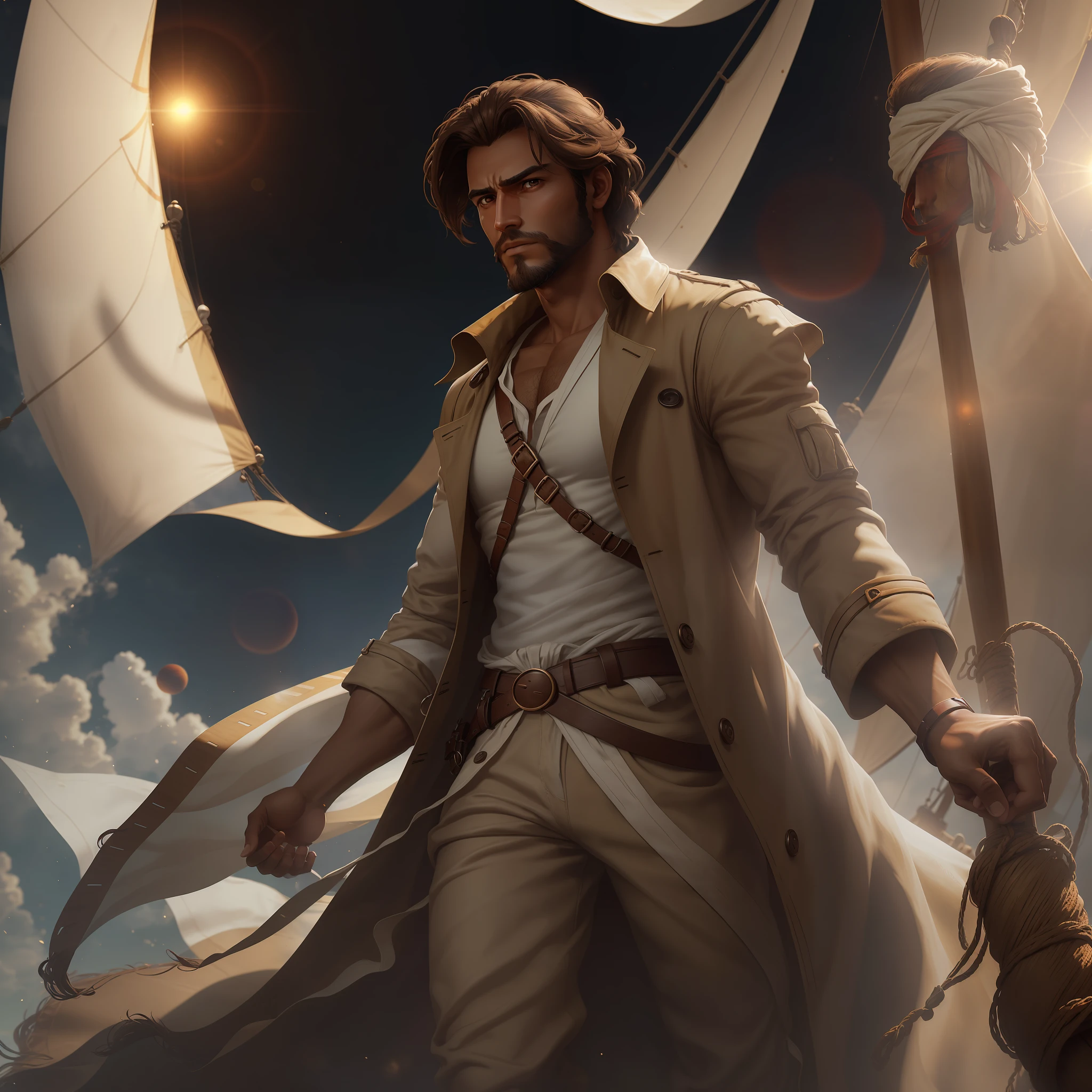 Portrait of 1man, Caucasian, tanned skin, shoulder-length brown hair, brown pointed beard, brown eyes, wearing belt, wearing tight buff pants, (wearing loose white linen shirt:1.2), (wearing billowing buff trench coat:1.2), (alien planet with 1 large red sun and 1 small green sun), dramatic stance, on wooden sailing ship, (looking at viewer),(intense expression), bokeh, raytracing, realistic textured skin, particle effects, depth of field