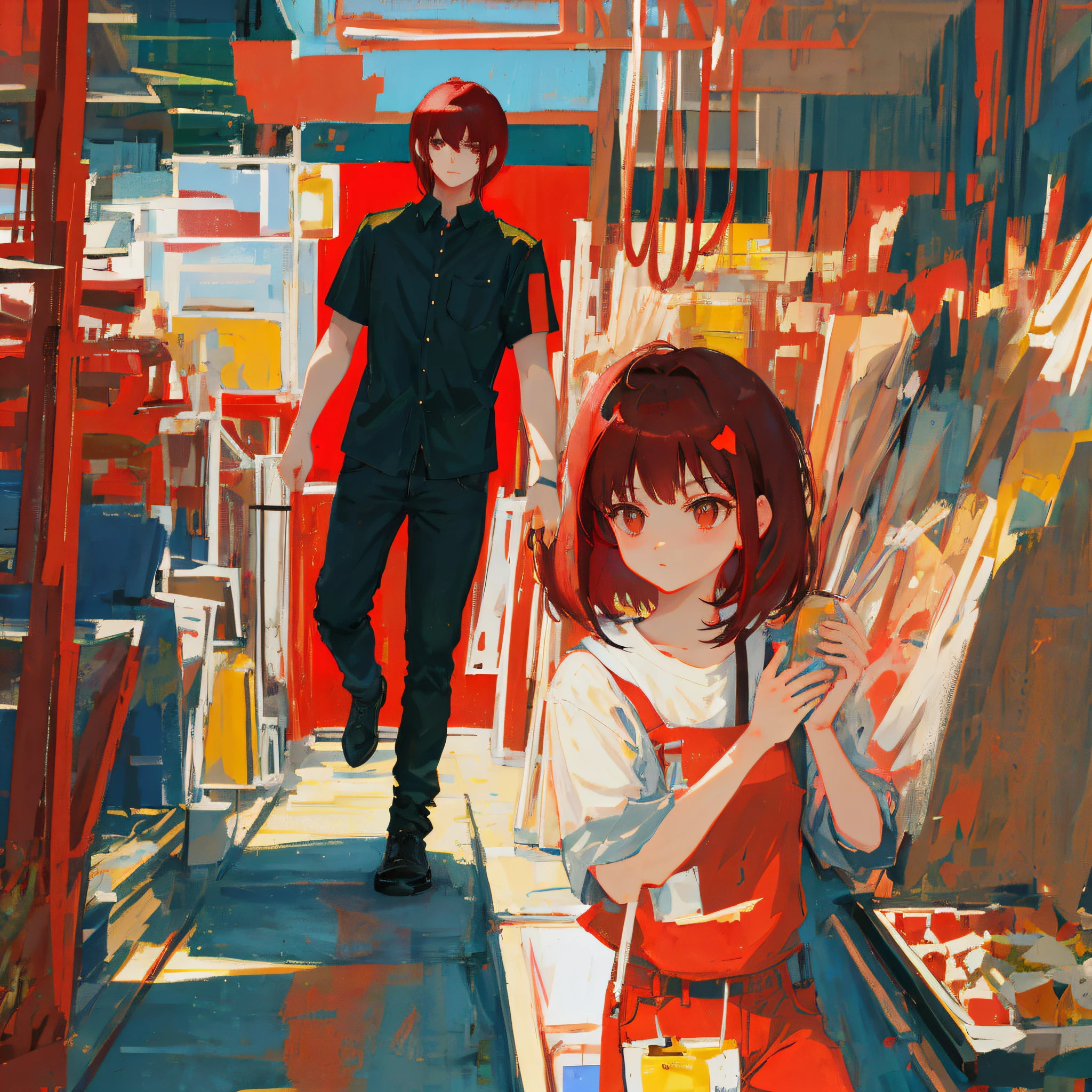 Short girl with short red hair tall boy with long black bangs, masterpiece, detailed, love,