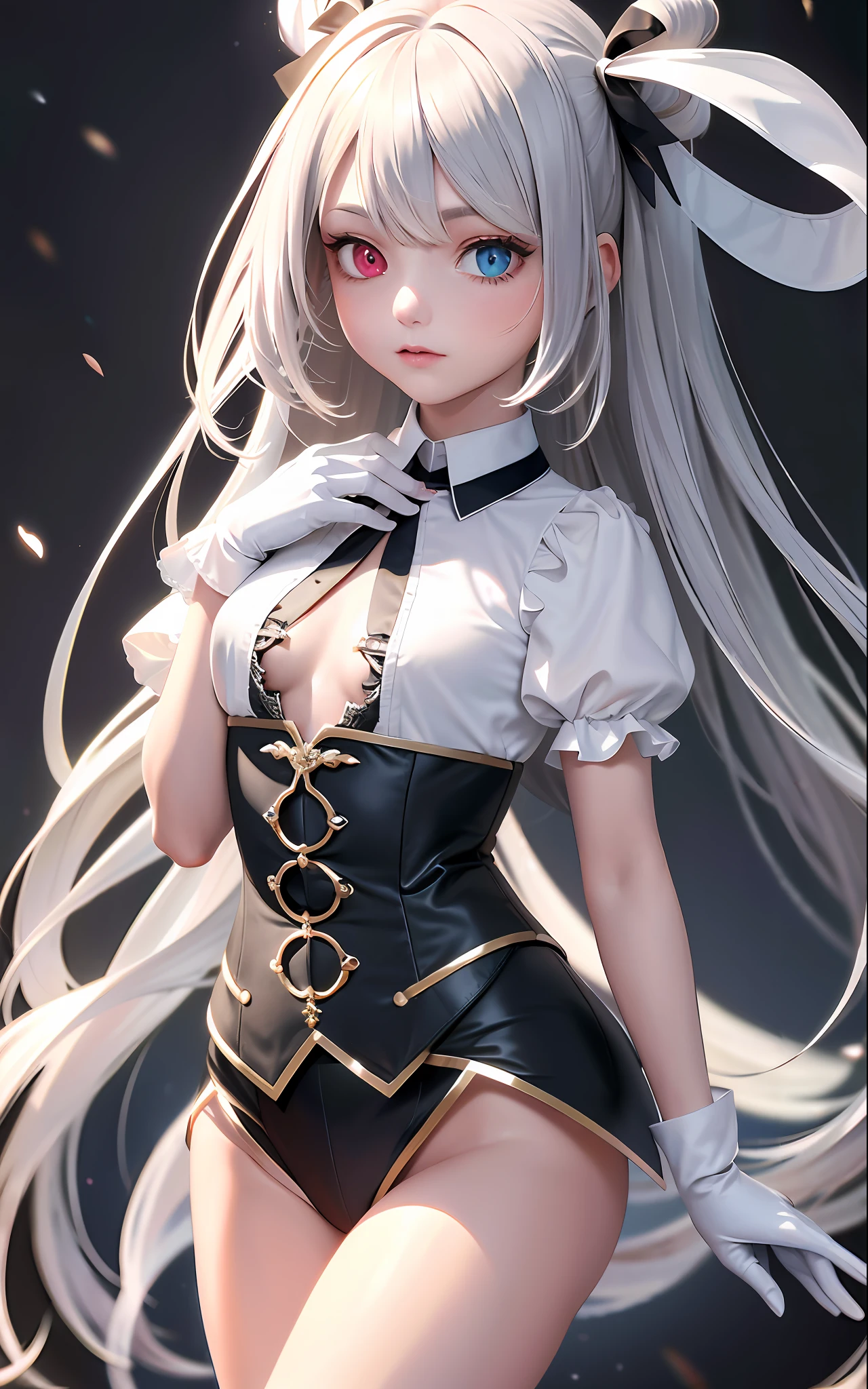 Superb Creation, High Resolution, Best Quality, UHD, Super Detail, Award-Awarded, 16k, (Upper Body), A Beautiful Maiden, Gray Hair, Hair, ((Heterochromia)), Hanging Corners, Fair Skin, (Small Breasts), (Slim Body), ((Shirt)), (Ribbon Collar), (Short gloves as short as half a palm)