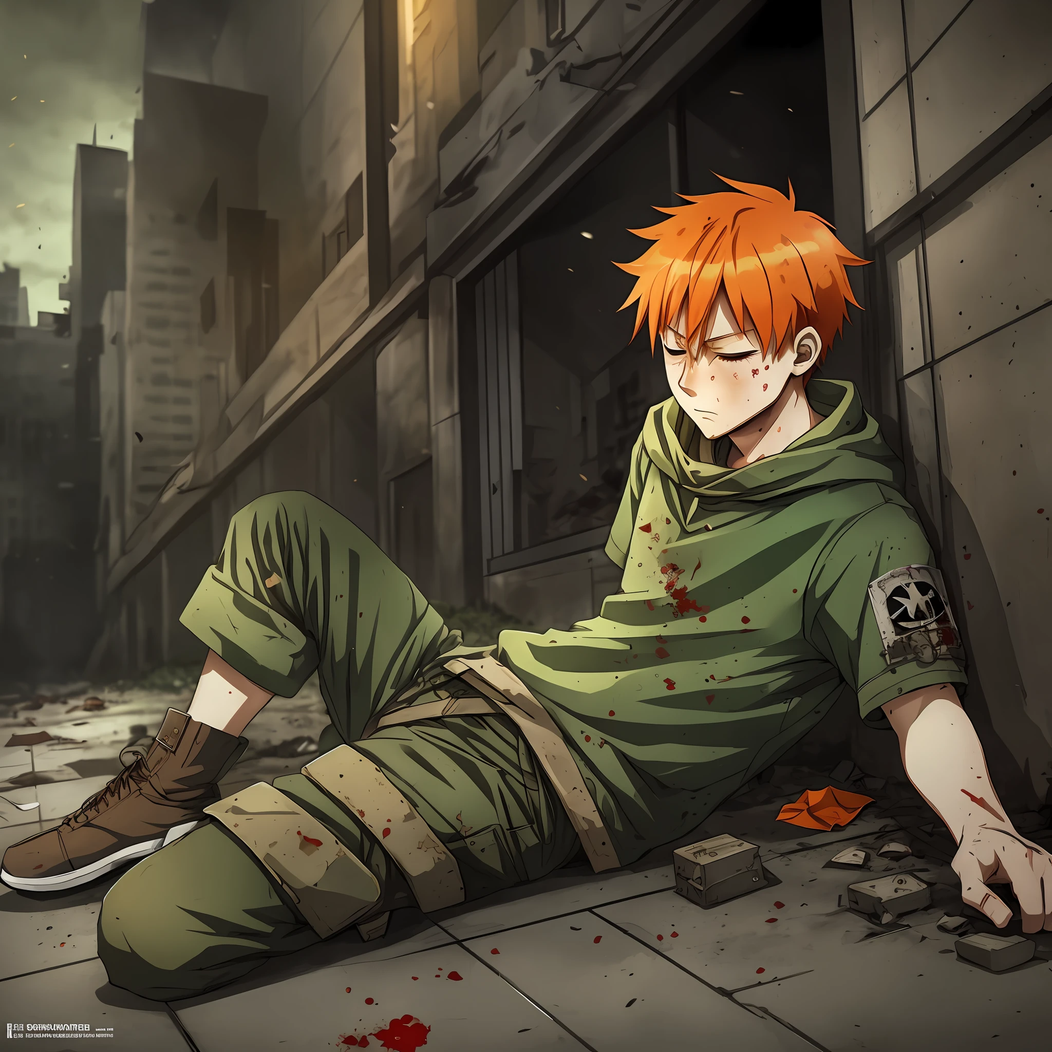 A boy, orange hair, eyes green, bruised on the ground, suicide, blood, anime, war, chaos, anime version, eyes closed, dead, blood on the floor and clothing, cartoon, detailed, dark lighting, falling from the building