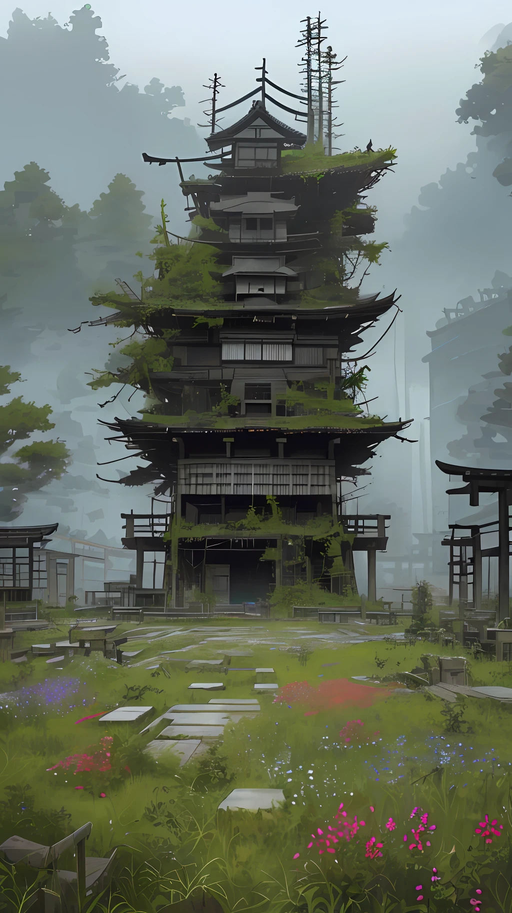 "(Sense of scale)(((masterpiece))), high resolution, ultra-realistic, desolate and abandoned, old Japanese village that has been fully taken over by nature, wildflowers and overgrown foliage interspersed throughout the scene, animals wandering through the ruins, a sense of eerie stillness and decay".