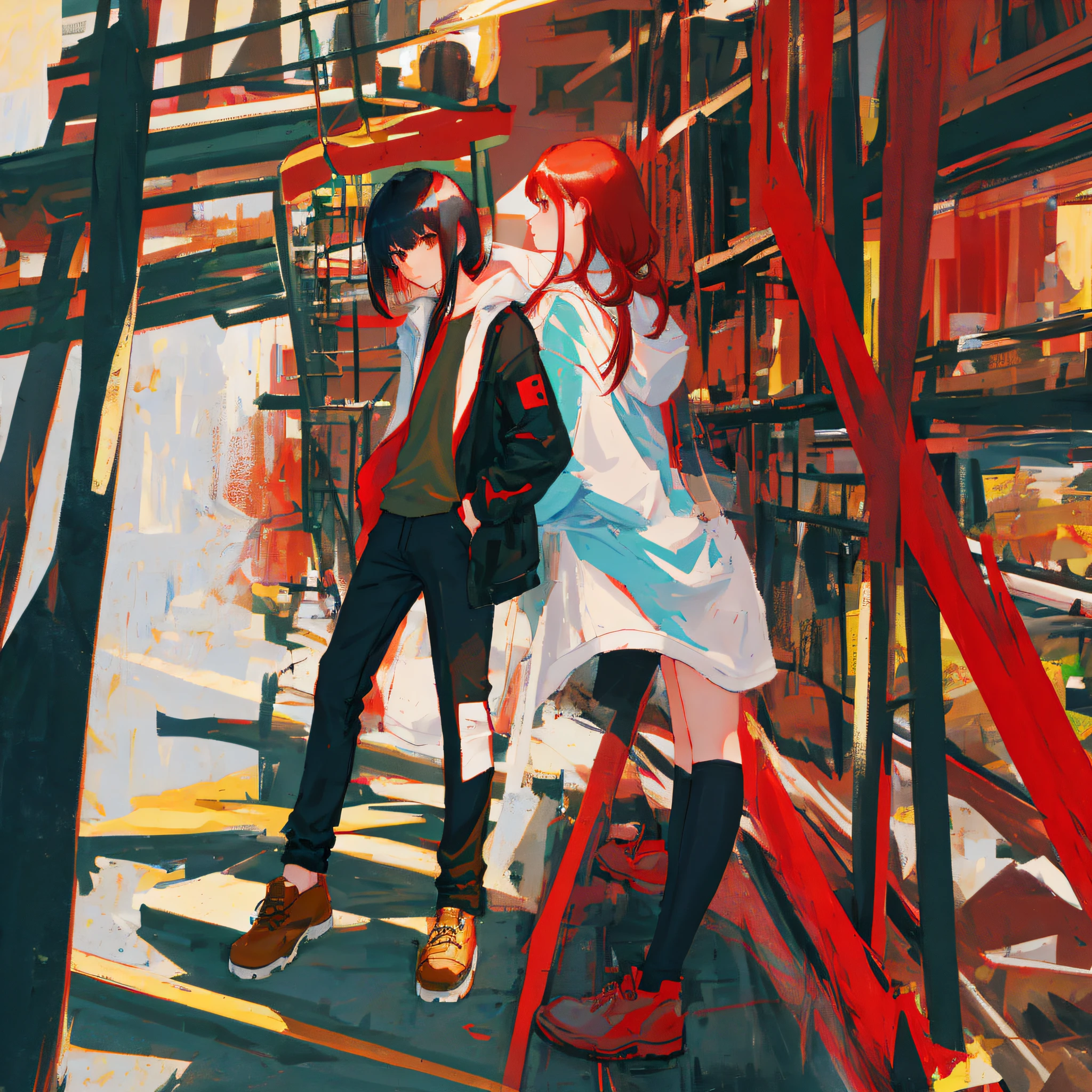 Short girl with short red hair tall boy with long black bangs, masterpiece, detailed, love,